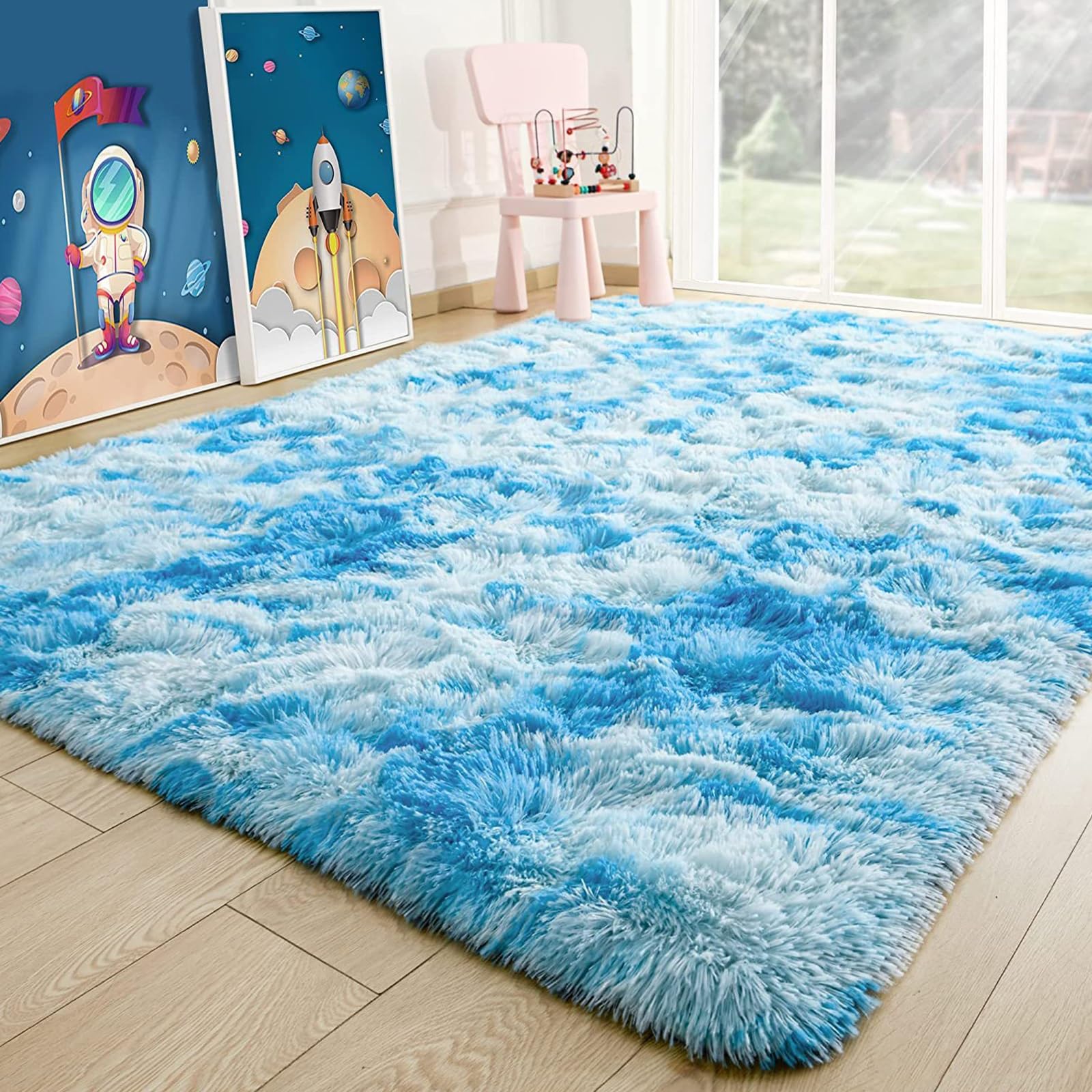 Tapis de sol lavable bleu extra large 255 x 375 cm antidérapant salon