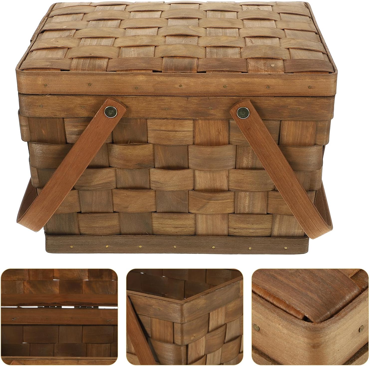 Lidded Wooden Picnic Basket with Handles, Handwoven Multipurpose Storage Basket for Outdoor Dining, Bread and Snack Holder for Travel and Home Organization