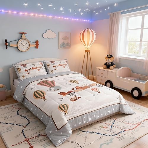 Manfei Juego de edredón de dibujos animados para niños, tamaño individual, lindo juego de ropa de cama con globo aerostático para niños y niñas,