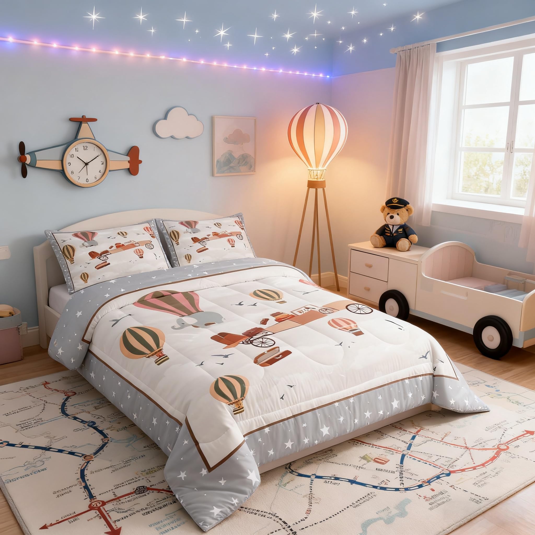 Housse de couette motif avion montgolfière éléphant lit simple pour garçon et fille