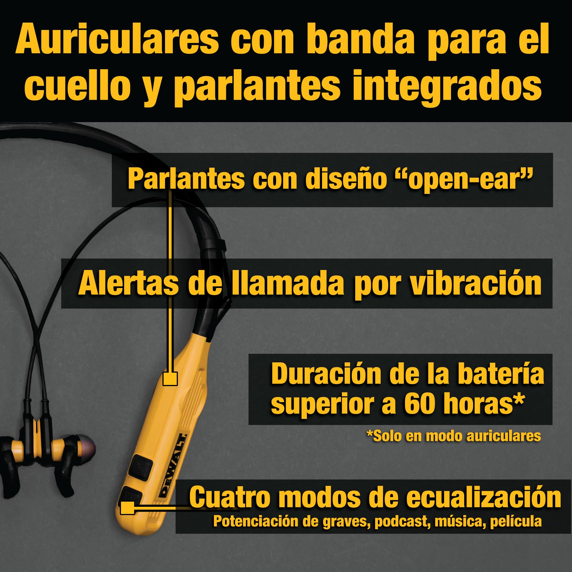 DEWALT Auriculares Inalámbricos Bluetooth 2-en-1 con Altavoces Integrados, Cascos Inalámbricos Bluetooth de Diadema, 60h Autonomía, Cancelación de Ruido, IP56, Manos Libres para Trabajo y Llamadas