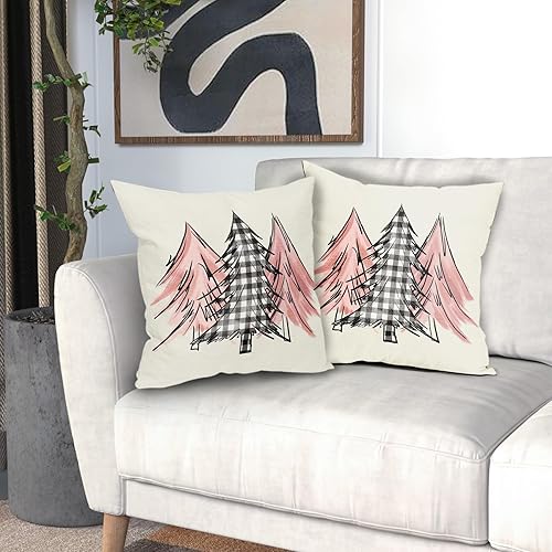 Miniatura 6 de Juego de 2 fundas de almohada con diseño de acuarela para árbol de Navidad de 18 x 18 pulgadas, color rosa, negro y blanco, a cuadros, cuadradas,