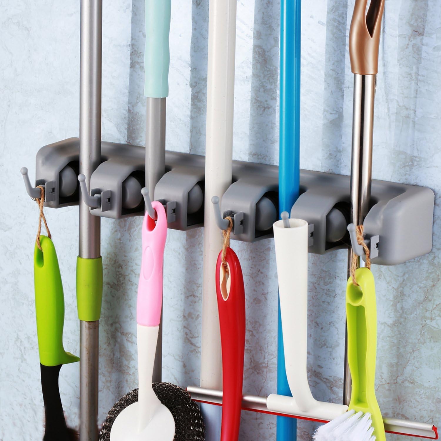 TOGU 2 Pack Mop and Broom Holder Wall Mounted 4 Position Storage Rack with 5 Retractable Hooks Holds up to 9 Tools Utility Weatherproof Holder for Garage Storage Systems Broom Organizer,Gray
