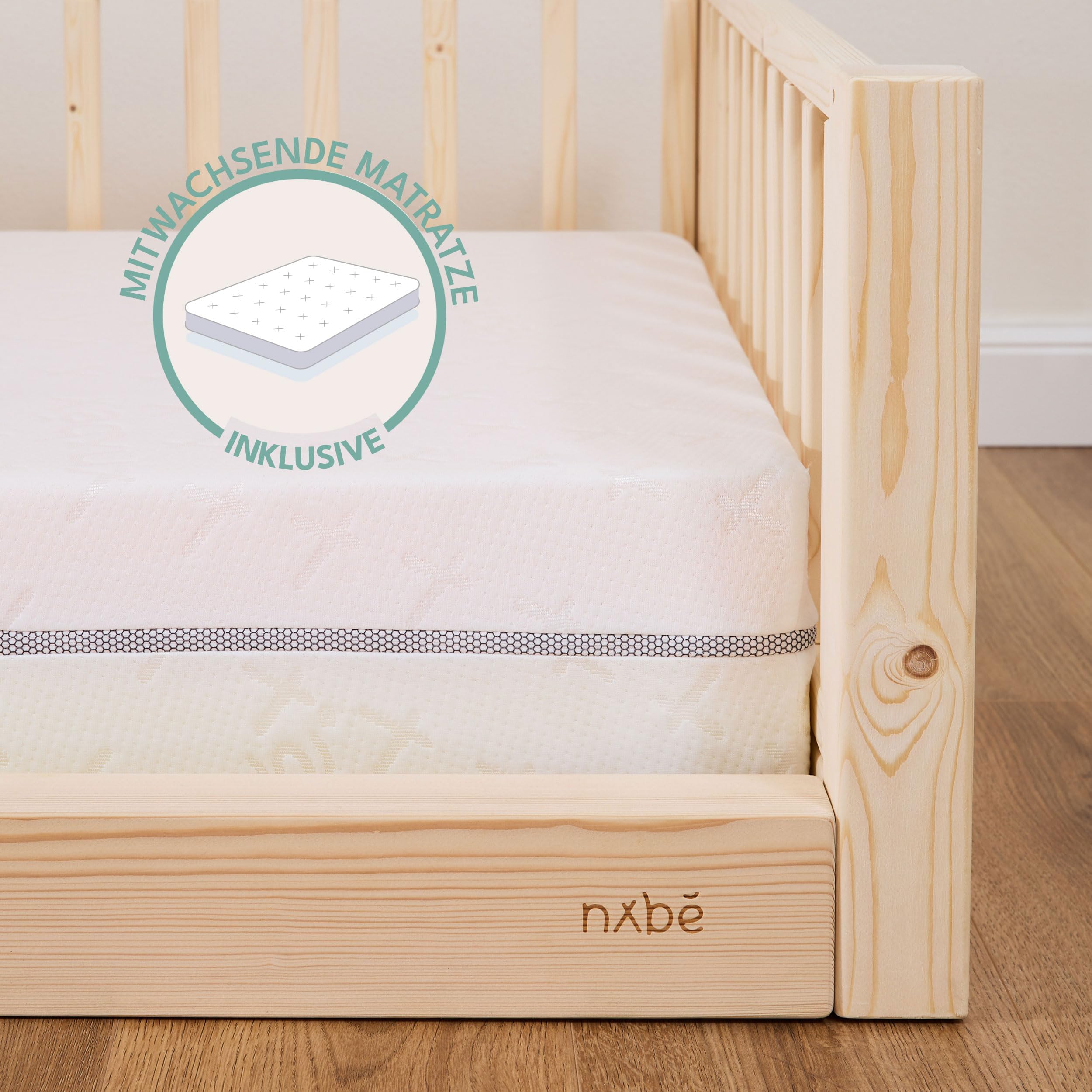 nabè Letto Evolutivo 80x190 cm | Materasso Incluso | Set 5 Sponde protettive - Letto Montessori a terra in Legno Massello Naturale PEFC - Cresce con il Bambino