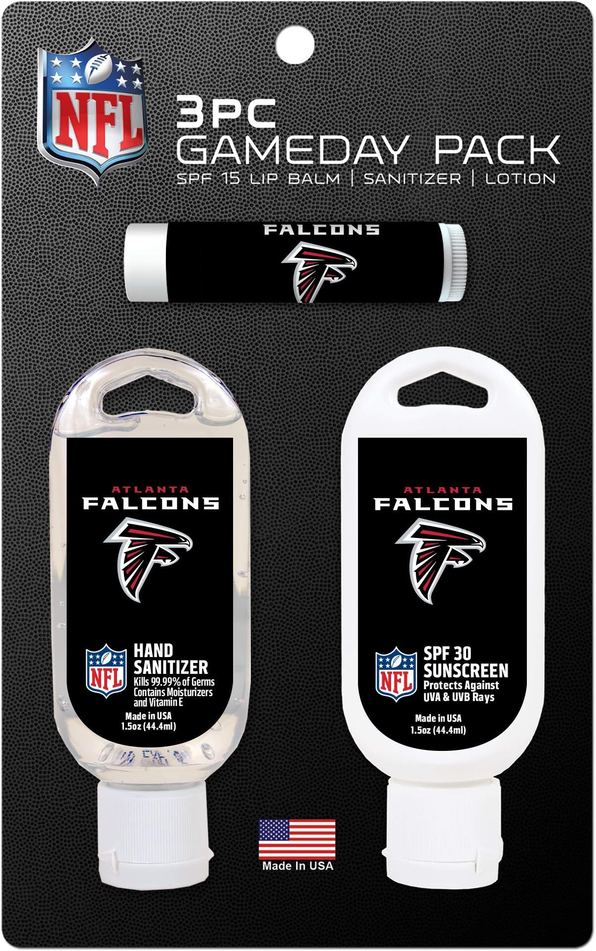 NFL Atlanta Falcons Game Day Pack Includes 1 Lip Balm, 1 Hand Sanitizer and 1 SPF Sunscreen (3-Piece), 8 x 5 x 1.5-Inch, White