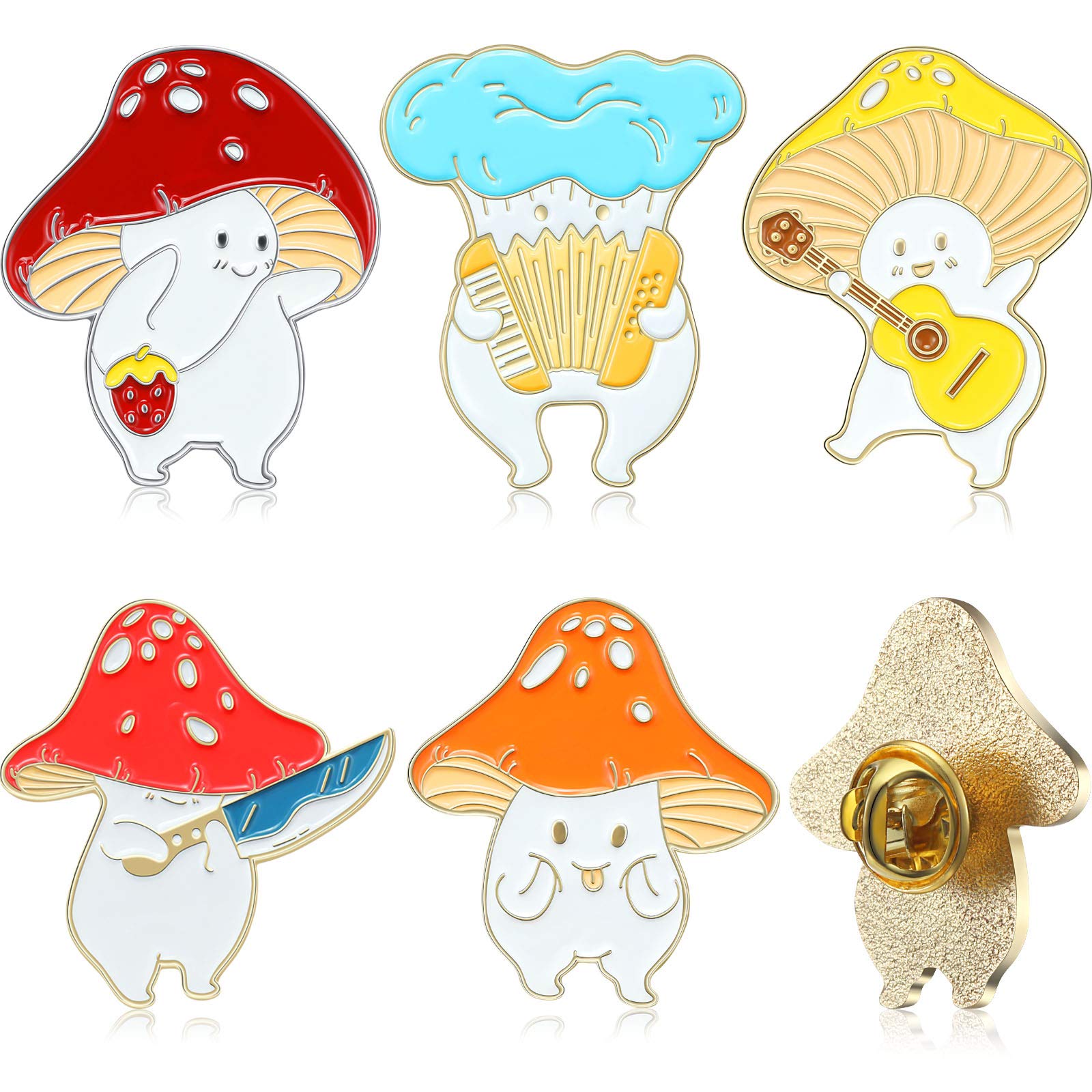 5 Pieces Mushroom Enamel Pin Brooches Mushroom Pins Lapel Badge Cute Cartoon Mushroom Brooches Set Funny Button Backpack Pins Back to School Gift for Clothes Hats, 5 Styles