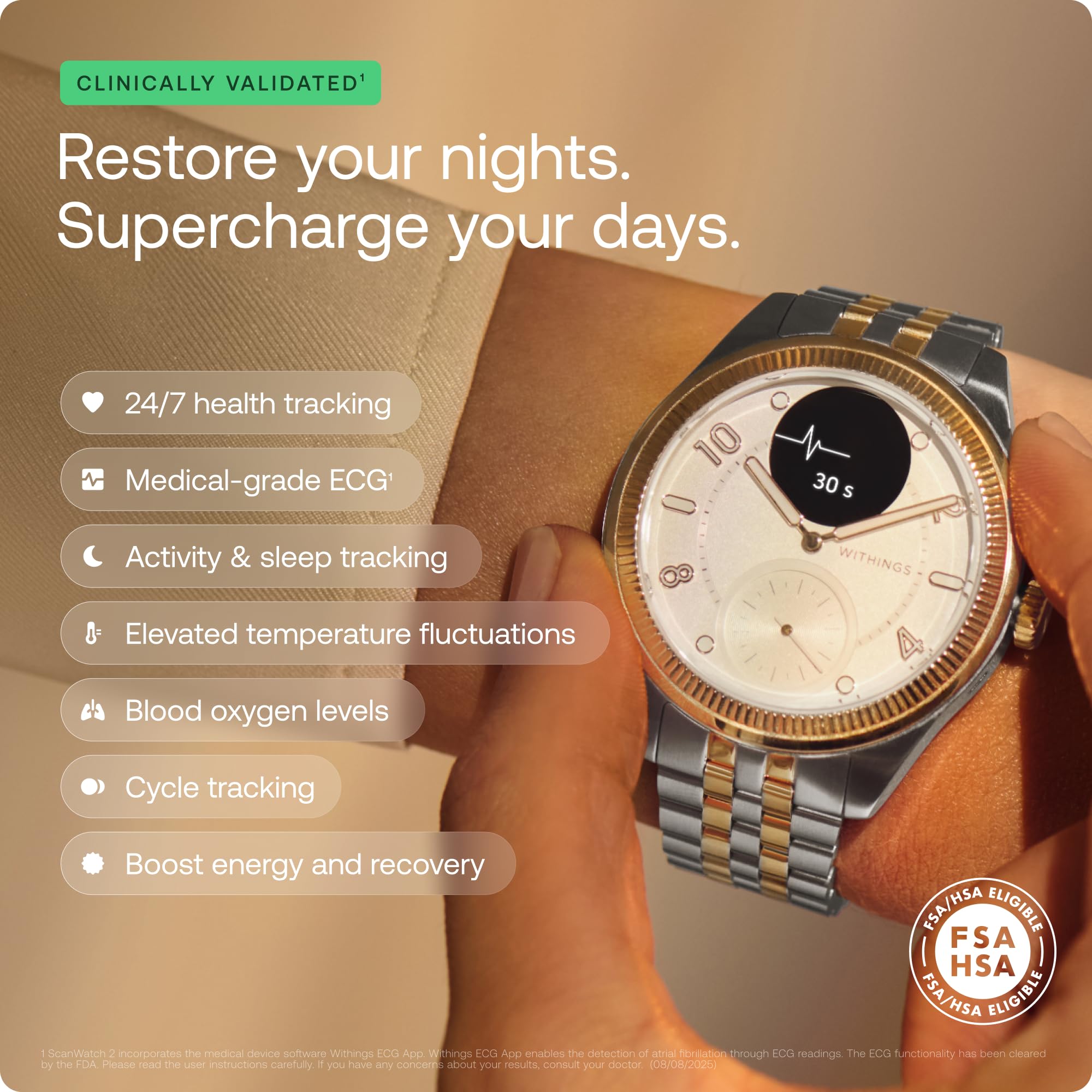 Withings Scanwatch Nova Brilliant Hybrydowy smartwatch Health dla mężczyzn i kobiet, SPO2, monitorowanie temperatury, sen, zdrowie układu oddechowego, monitorowanie cyklu, 30-dniowa żywotność baterii | EKG z rozpoznawaniem AFib, wynik snu, 40+ aktywności,
