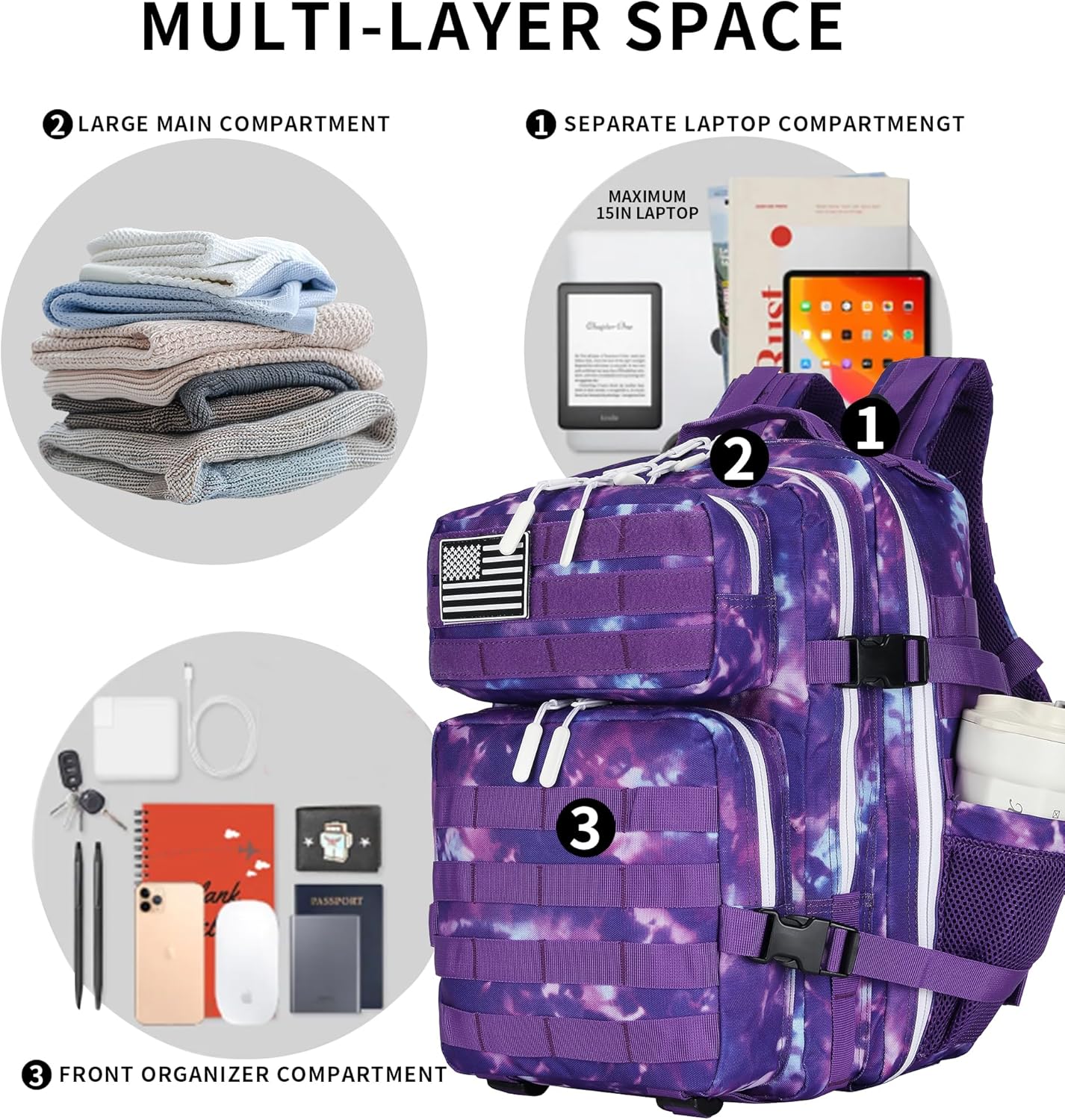 25L Tactical Backpack Military Tactical Backpack for Men and Women Small Assault Pack Outdoor Travel Hiking Camping Rucksack with Molle Webbing (Purple Camo) - Image 6