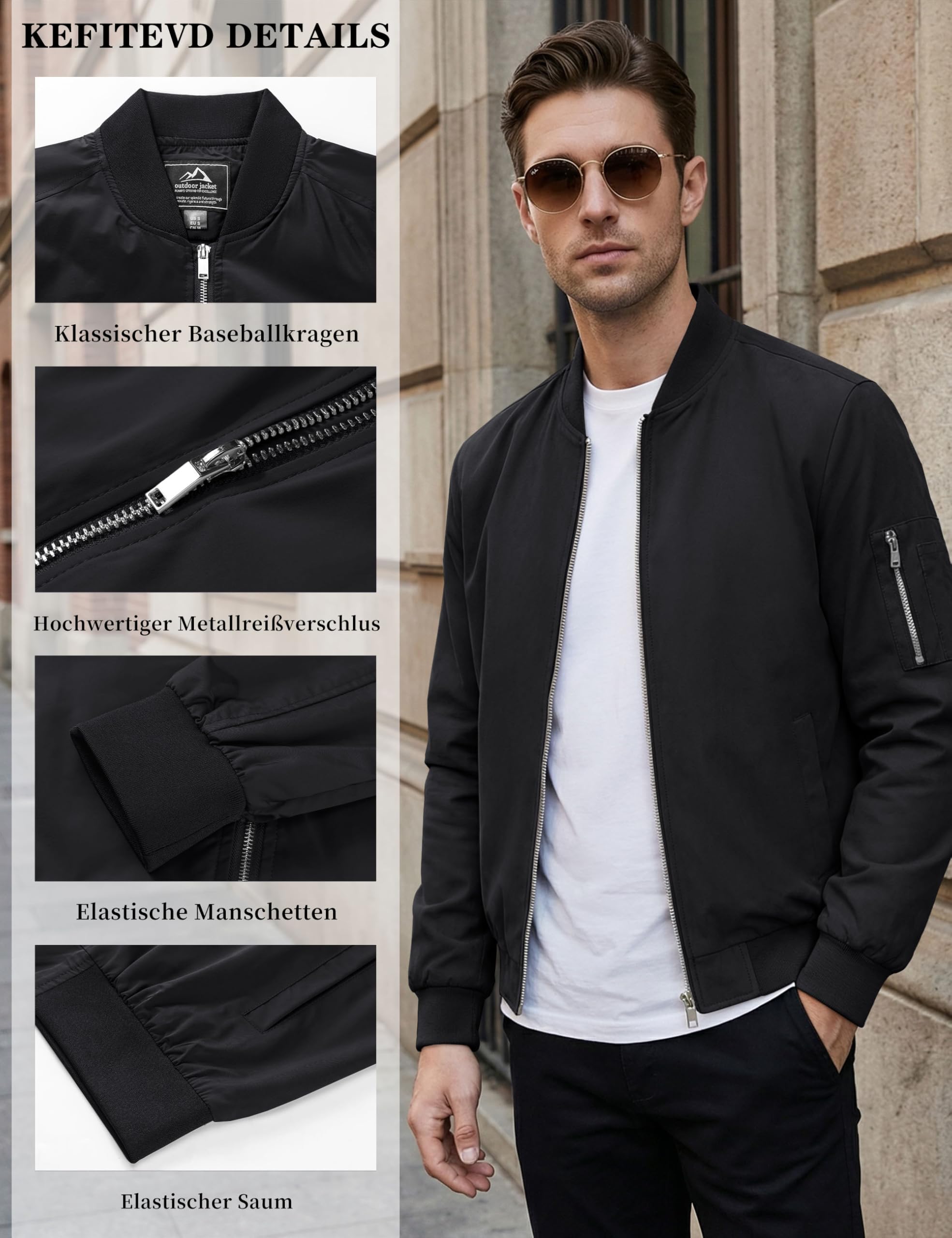 KEFITEVD Herren Leichte Dünne Bomberjacke mit Ärmeltasche Blouson Jacke Übergangsjacke Stehkragen US Fliegerjacke mit Innentasche