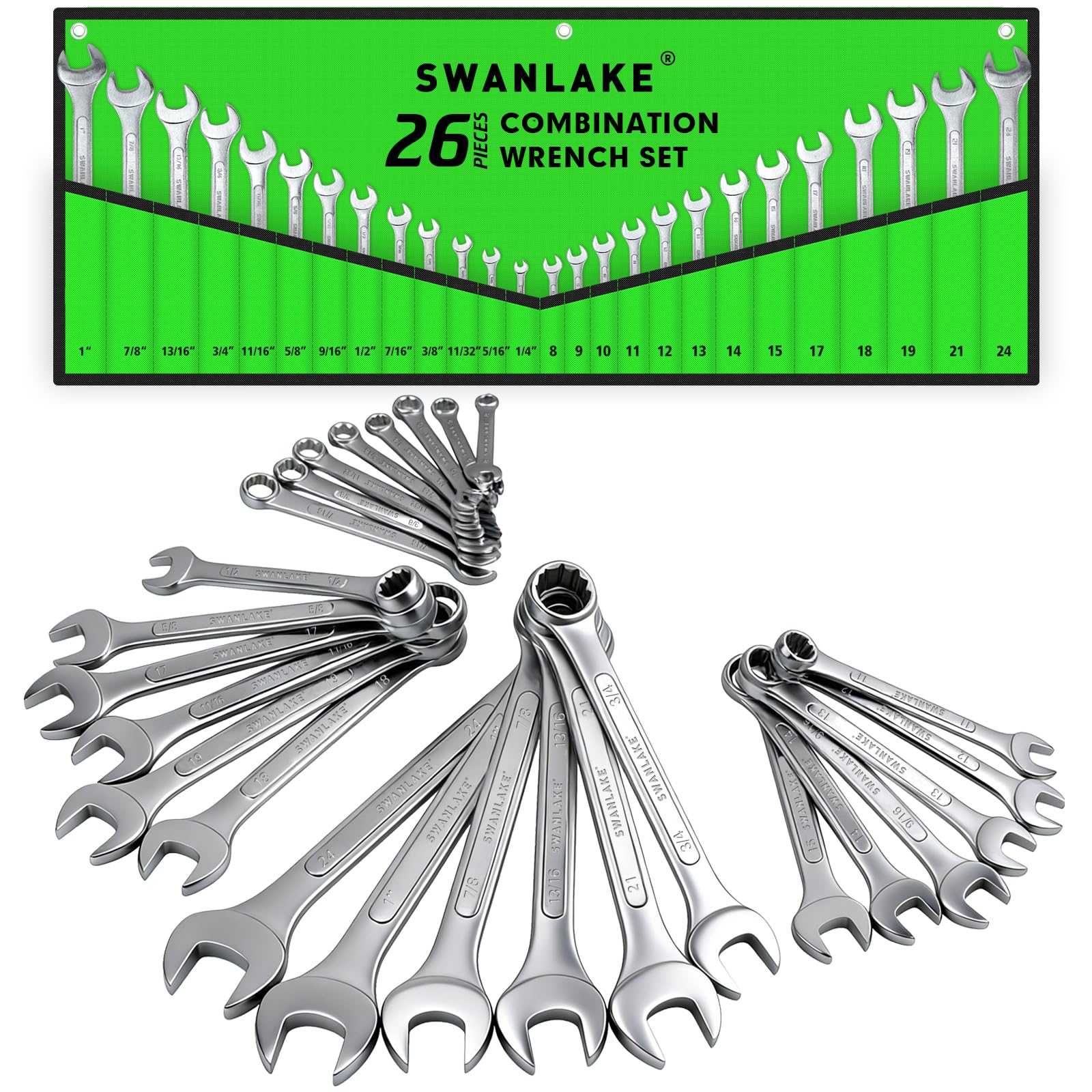 SWANLAKE GARDEN TOOLS 26-Piece Combination Wrench Set with Roll-up Pouch, SAE 1/4” - 1”, Metric 8mm - 24mm, Perfect for General Household, Garage, Auto Repairs and Travel Emergency