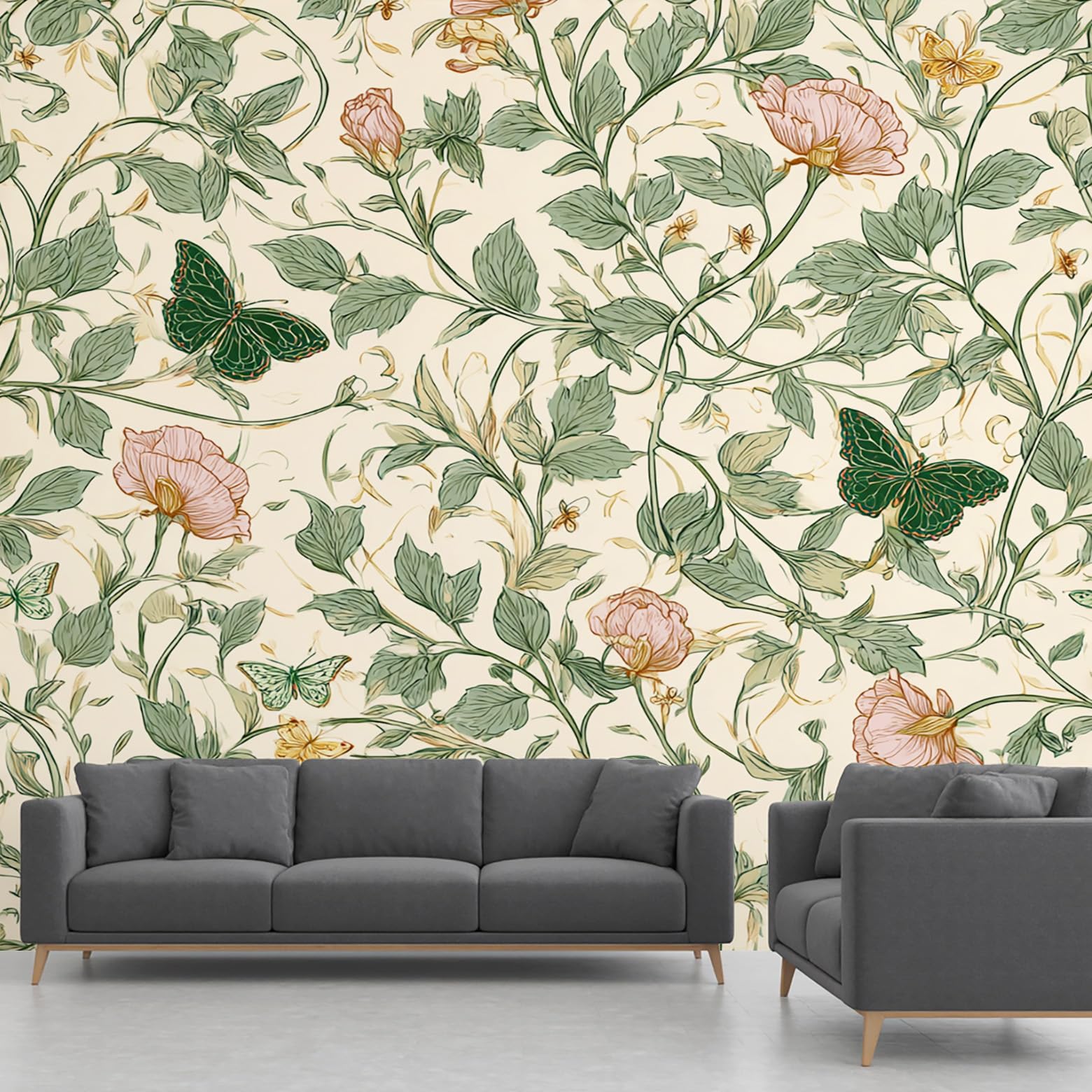 Papier Peint Fleur et Papillon Vert Rétro Rustique Panoramique Intissé 250x352cm