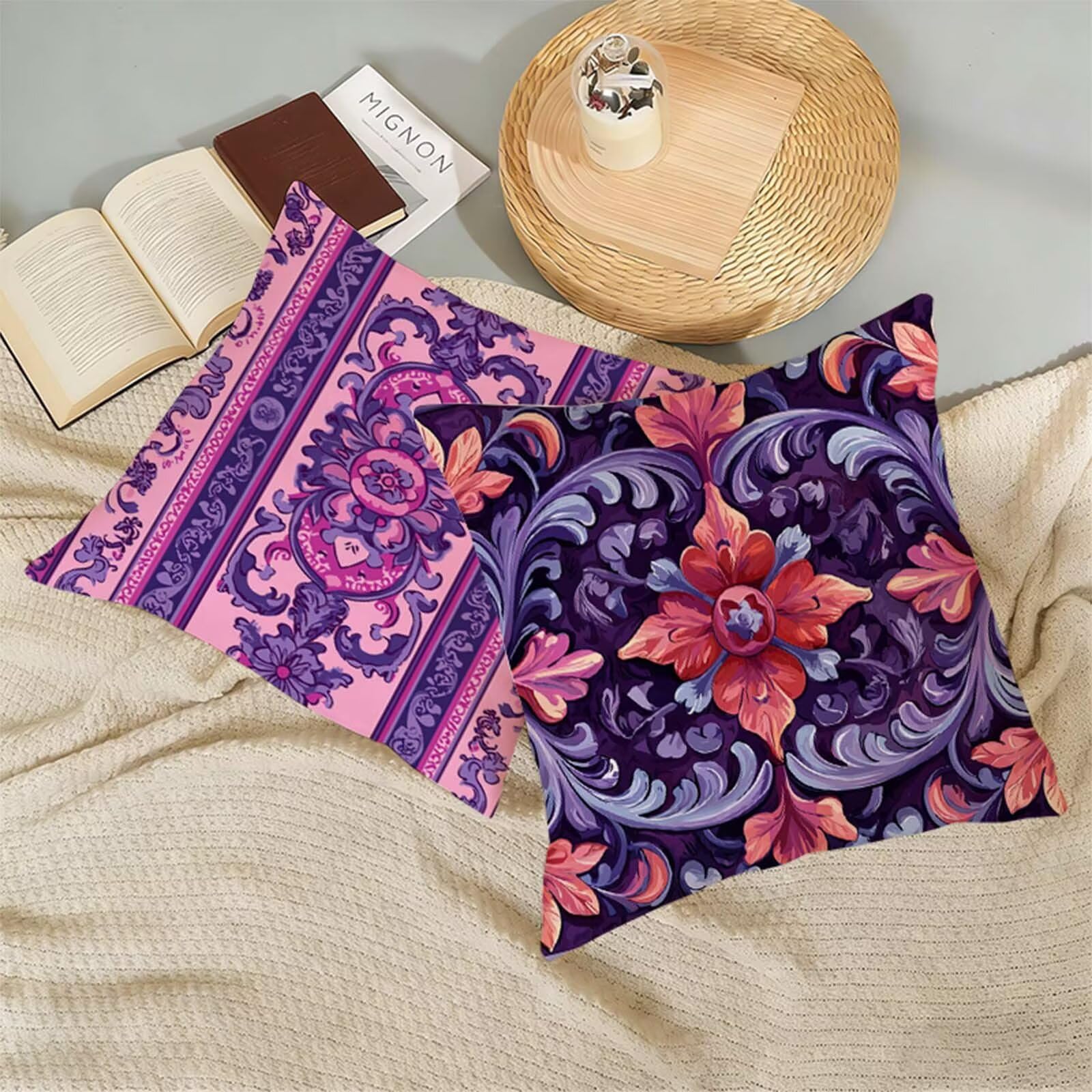 Housse de Coussin 80x80cm Lin,Lot de 2 Housse Coussin Violet,Taie Oreiller Nordique Impermeable,Respirant Confort Coussins Décoratifs Convient à toutes les saisons pour Décor Jardin Salon Canapé X-711