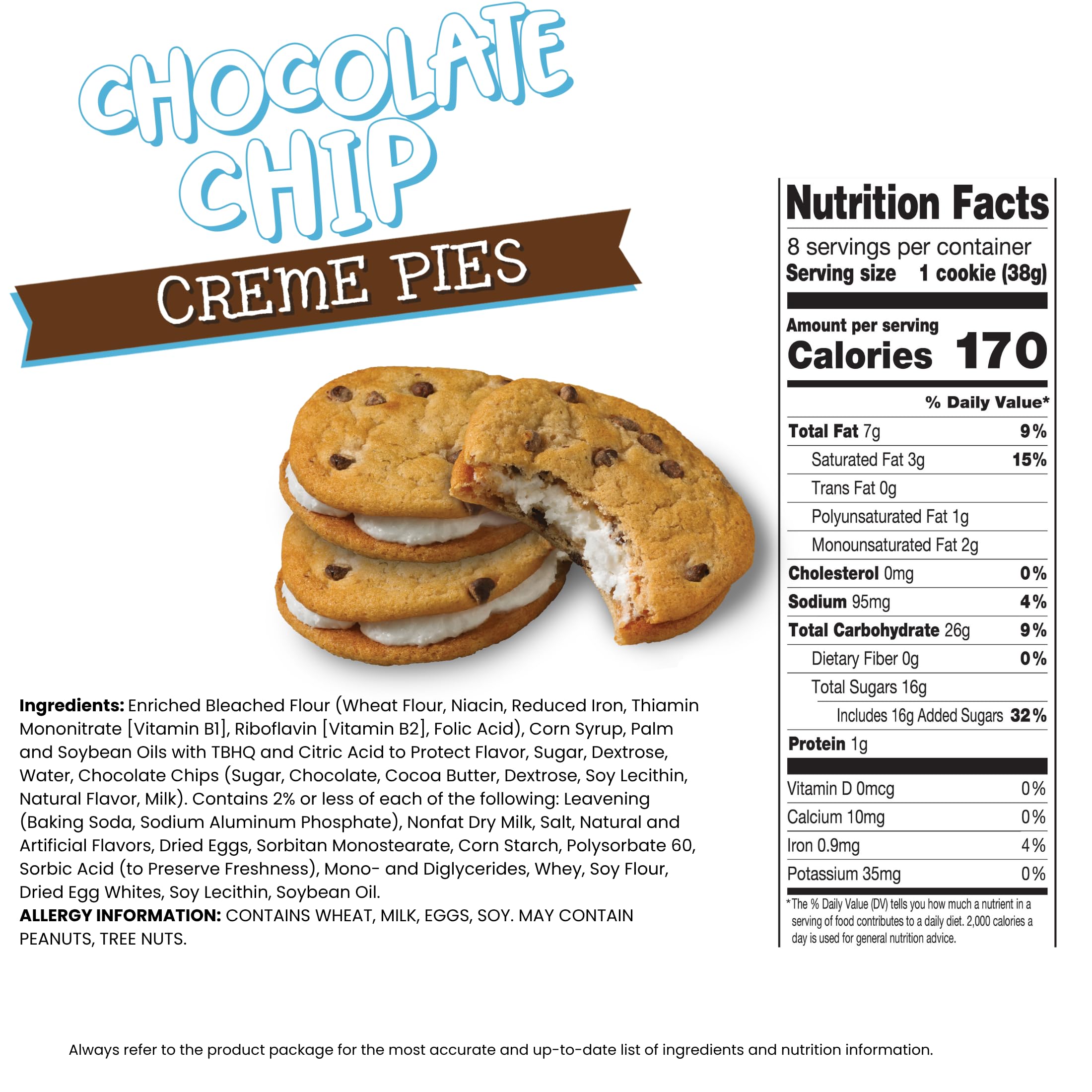 Little Debbie Chocolate Chip Creme Pies, uno strato di crema tra due biscotti al cioccolato morbido (8 scatole), marrone