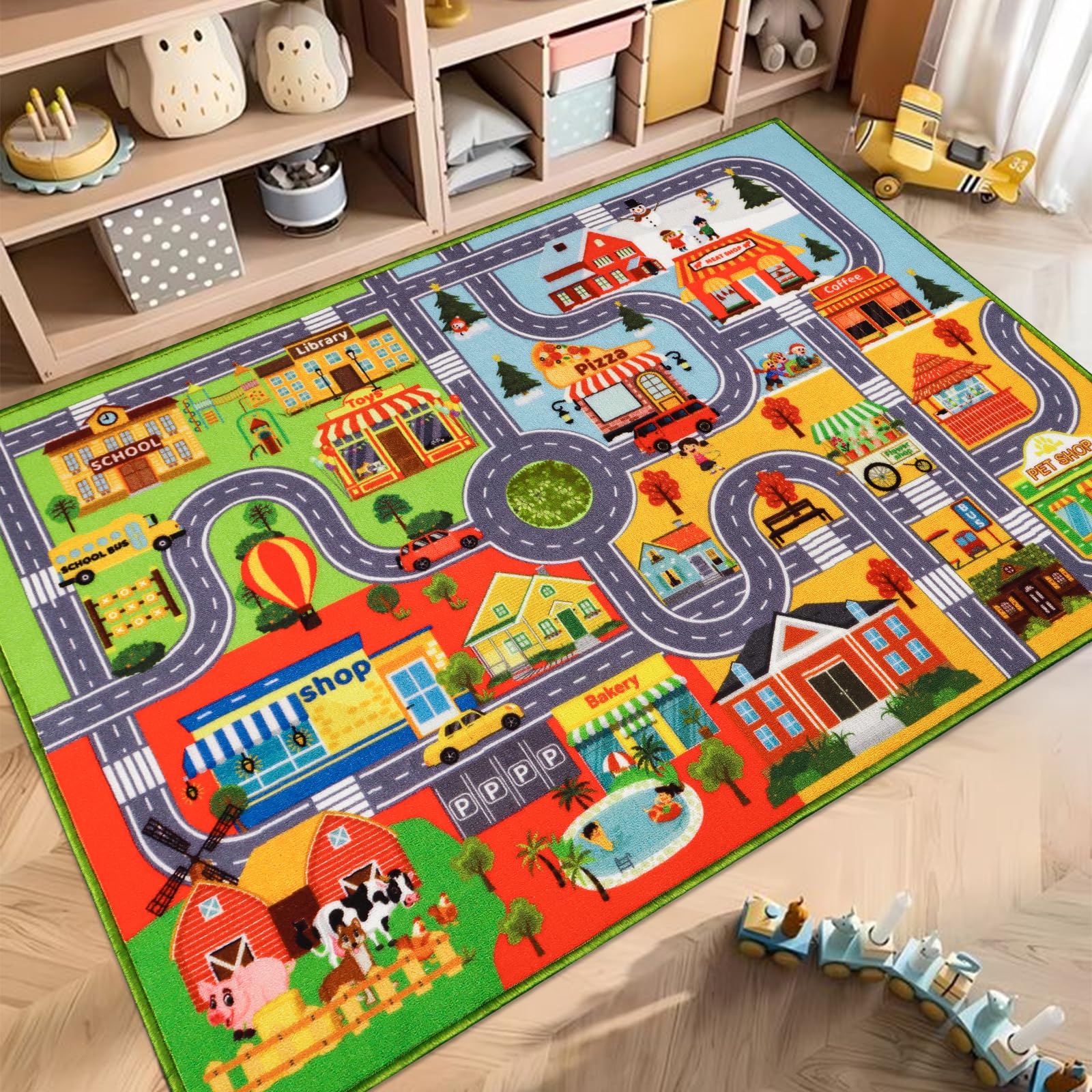 Autoteppich für Kinder, Kinder-Auto-Spielmatte, extra rutschfester Verkehrsstraßenteppich für Kinders,pädagogische Automatte mit Stadtplan für Spielzimmer,Jungen-Schlafzimmer(150X100CM, Four Season)