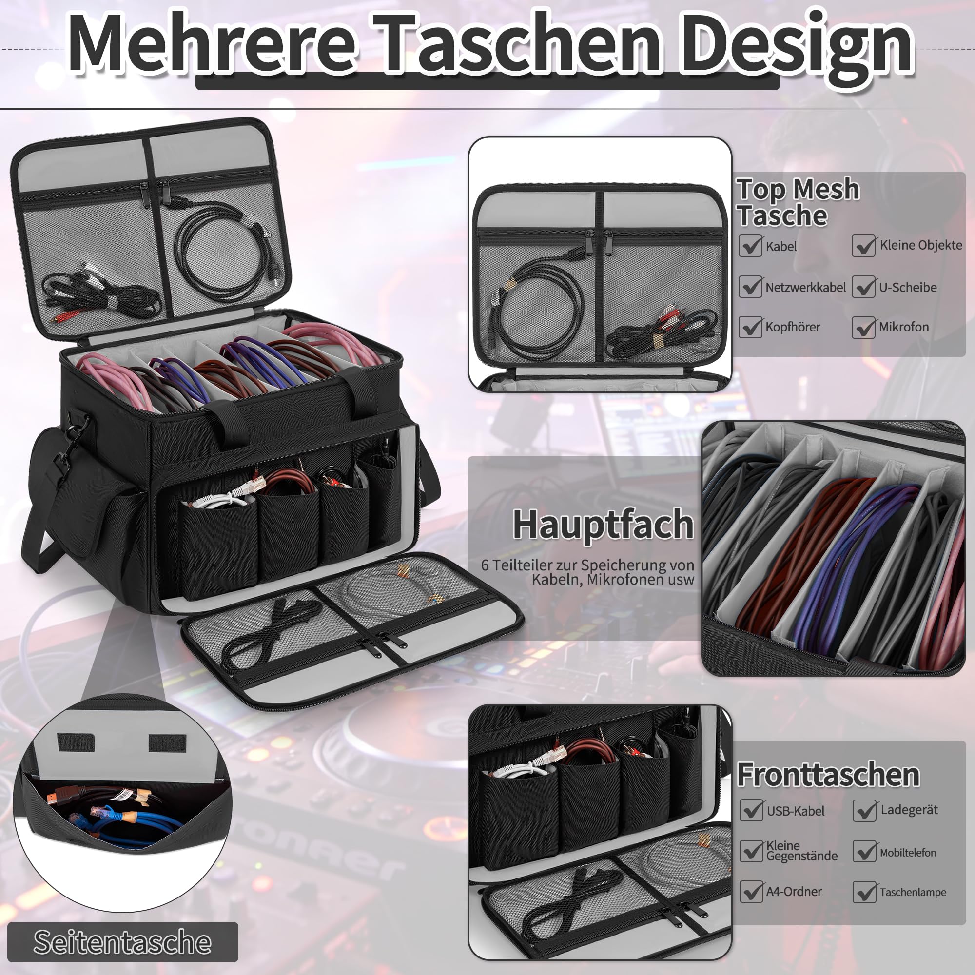 DJ Tasche, 1680D Nylon DJ Gigbag mit Abnehmbaren Trennwänden und Boden, DJ Kabel Organizer Tasche für Professionelle DJ Ausrüstung, Musikinstrumente und Zubehör, Grau (Mittlere)