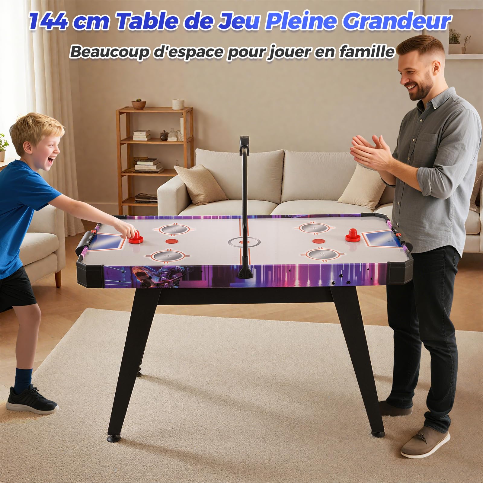 COSTWAY Table de Hockey à Air avec Marqueur Électronique LED & Ventilateur 12V, Table de Jeu Compact de 144cm avec 2 Palets & 2 Poussoirs, Coussinet Réglable, Air Hockey pour Adultes et Enfants
