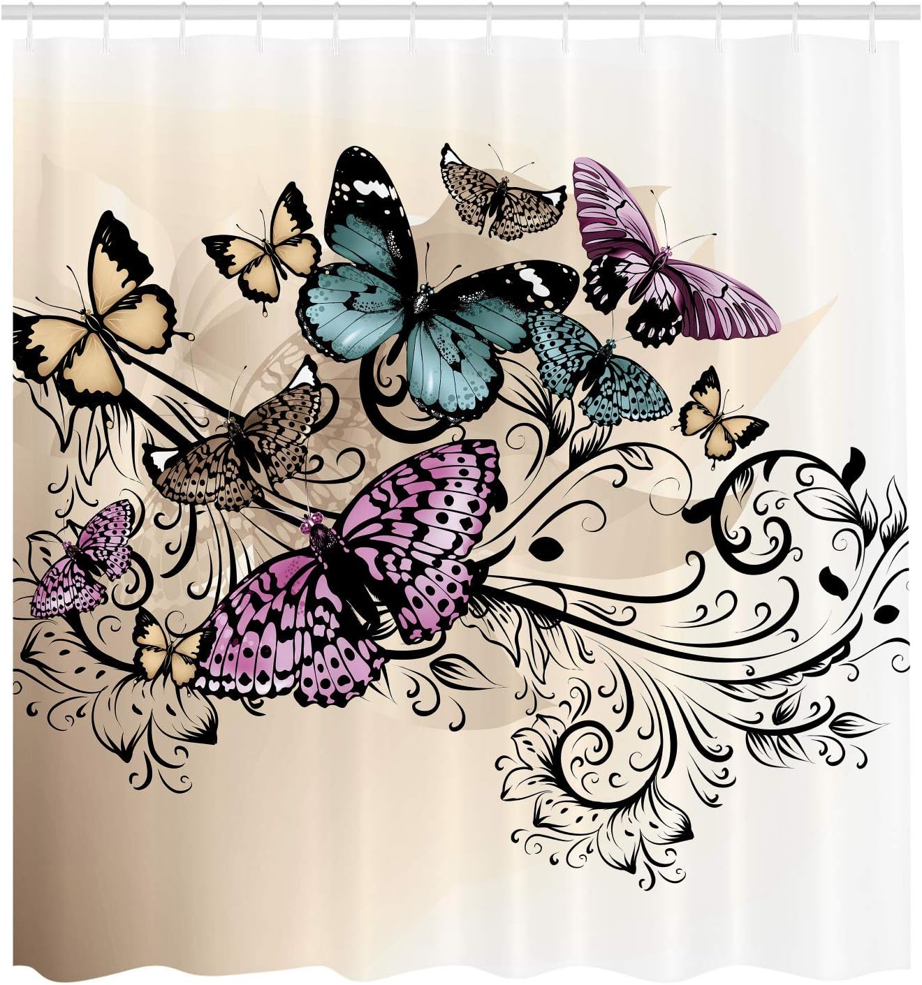 Ambesonne Butterfly Shower Curtain, Monarch Butterflies Vintage Damask Inspired Design, Cloth Fabric Bathroom Decor Set with Hooks, 70" Long, Fuchsia Pink