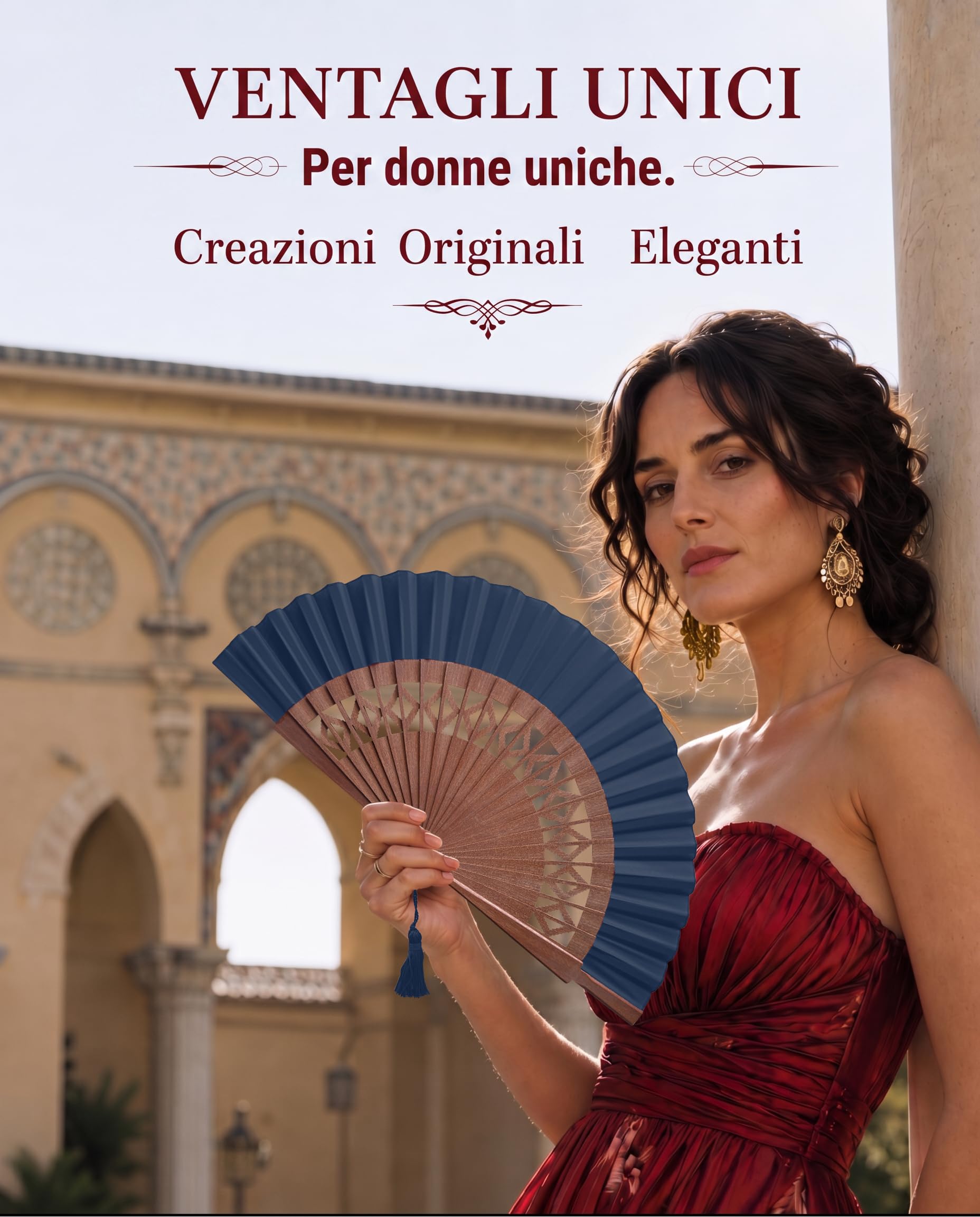 Ventaglio Spagnolo Artigianale - Blu - 100% Cotone e Legno di Sipo - Ventaglio Particolari ed Elegante - Ventaglio Grande per Donna e Sposa