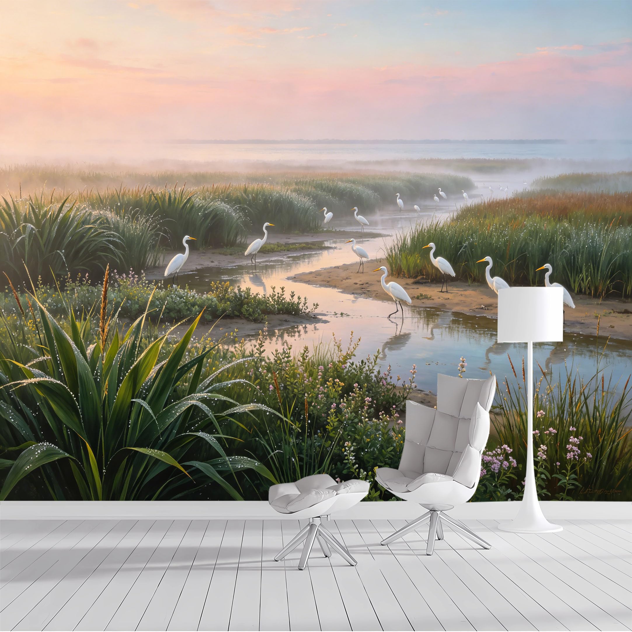 Custom Size Wall Mural Coastal Egrets Morning Mist Seascape Oil Painting SelfAdhesive Wall Fabric Removable Peel and Stick Wallpaper Wall Decor for Living Room Bedroom Bathroom