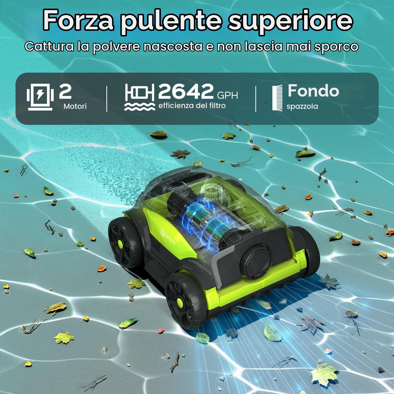 WINNY POOL CLEANER Winny 300II Robot Piscina Fuori Terra,Aspiratore Piscina Senza Fili,120 Min,LED,Filtro 180μm,Parcheggio Automatico,Aspirapolvere Piscina per Piscine Fino A 100m²-Nero Verde