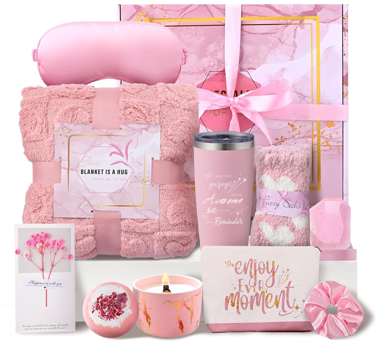 Birthday Gifts for Women Pink Relaxing Spa Gift Baskets Self Care Gift Get Well Soon Gifts Set, Mothers Day Gifts for Mom, w/ Luxury Blanket INSPEAUTY Birthday Gifts for Women Pink Relaxing Spa Gift Baskets Self Care Gift Get Well Soon Gifts Set, Mothers Day Gifts for Mom, w/ Luxury Blanket INSPEAUTY