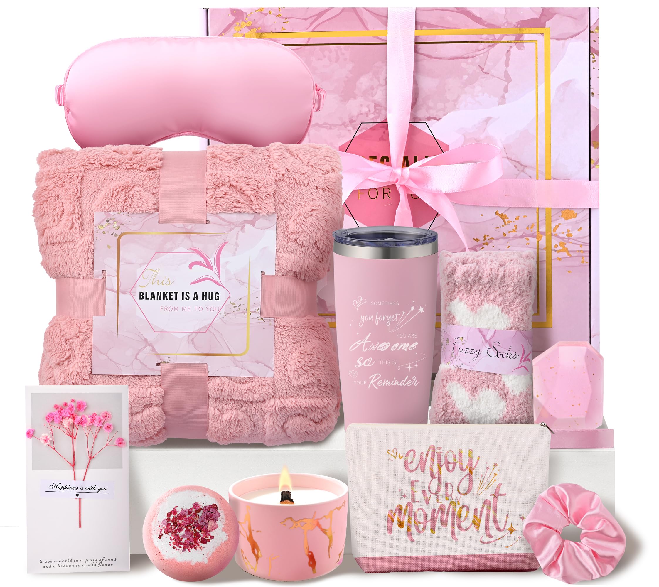 Birthday Gifts for Women Pink Relaxing Spa Gift Baskets Self Care Gift Get Well Soon Gifts Set, Mothers Day Gifts for Mom, w/ Luxury Blanket INSPEAUTY