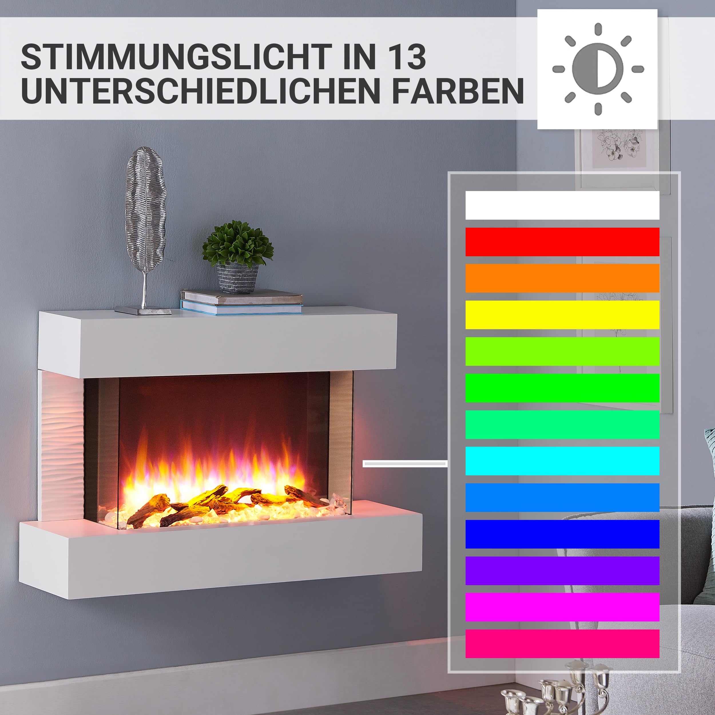 BALDERIA Elektrokamin Aidan Elektrischer Standkamin Weiß | 3D-Flammeneffekt, Elektro Heizung 2000W, LED-Beleuchtung, Fernbedienung, Timer, Startsteuerung & Thermostat