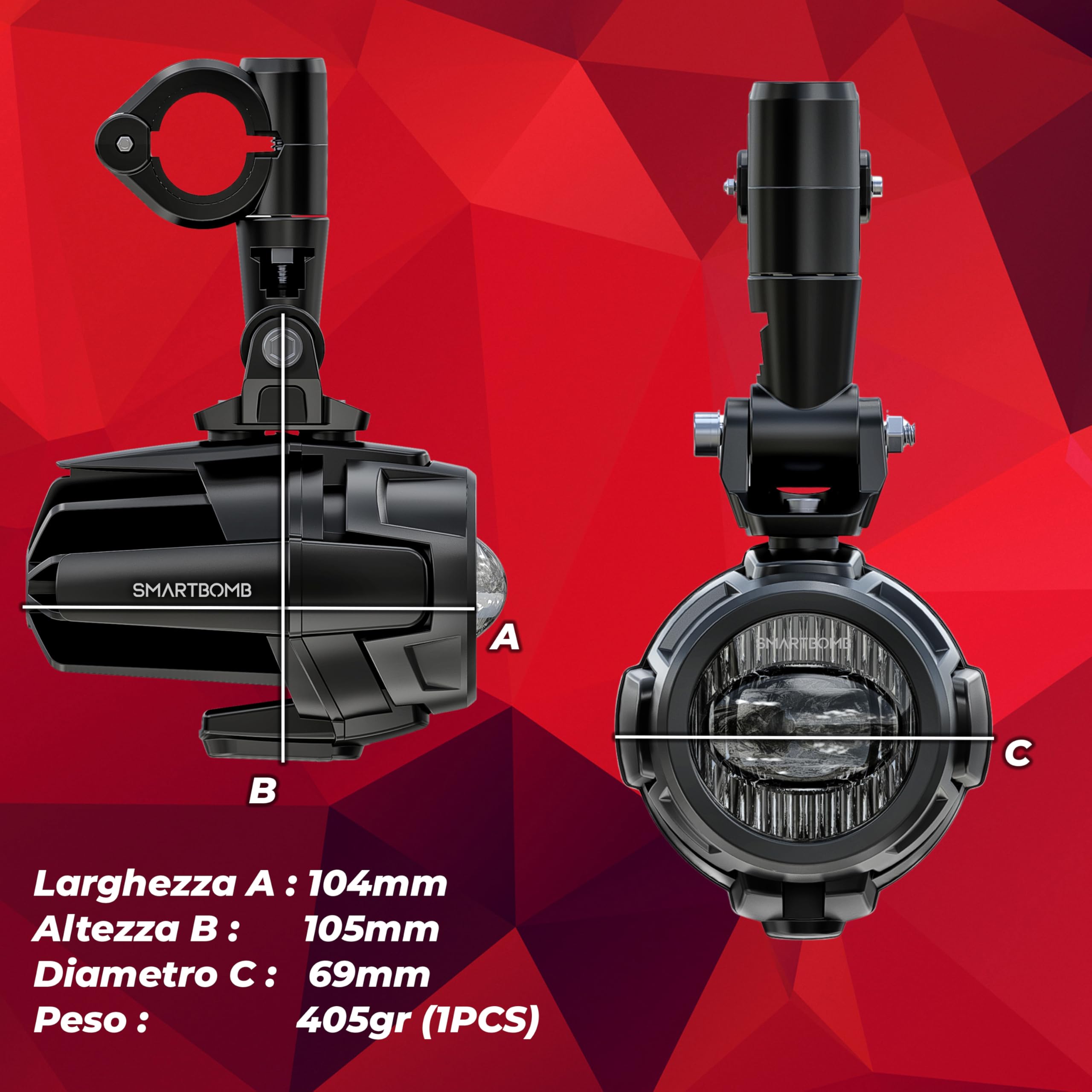 Smartbomb FARETTI SUPPLEMENTARI FLOOD ANTINEBBIA 40W LED Omologati europa strada pubblica certificato tuv r4f stradale cablaggio premium doppio pulsante ip68