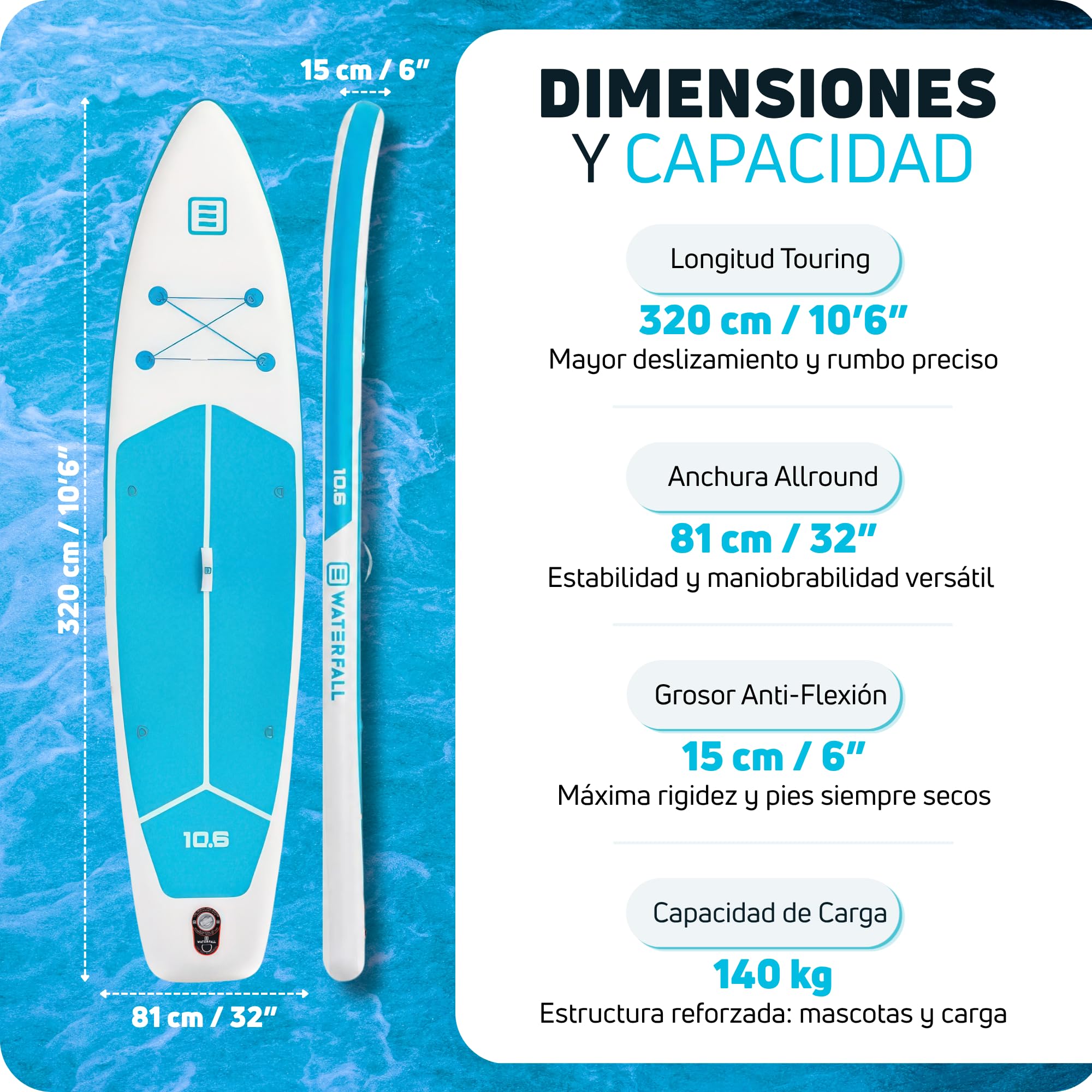 Waterfall Tabla Paddle Surf Hinchable Touring 10.6, Stand Up Paddle Board Sup Travesía Adultos, Jóvenes, Kit Accesorios, Remo, Mochila, Preinstalación Asiento Kayak, Estable, Ligera, 320x81x15cm