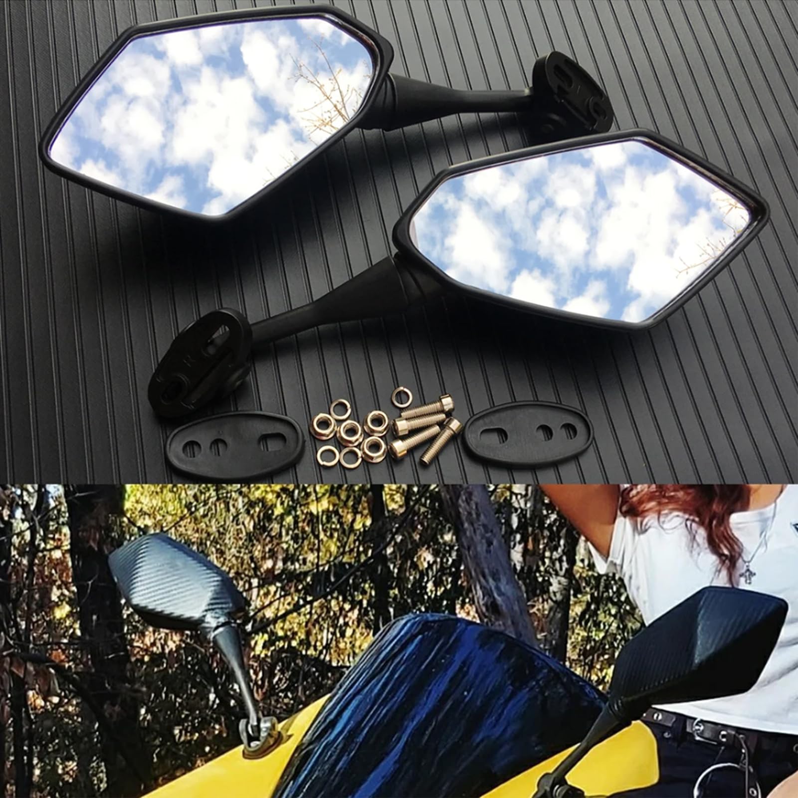 Heart Horse Specchietti Retrovisori per Moto Universali - 2 Pezzi - Specchietti Laterali Diamante Pentagonali Regolabili a 360°, con Staffe e Viti, Omologati E-Mark