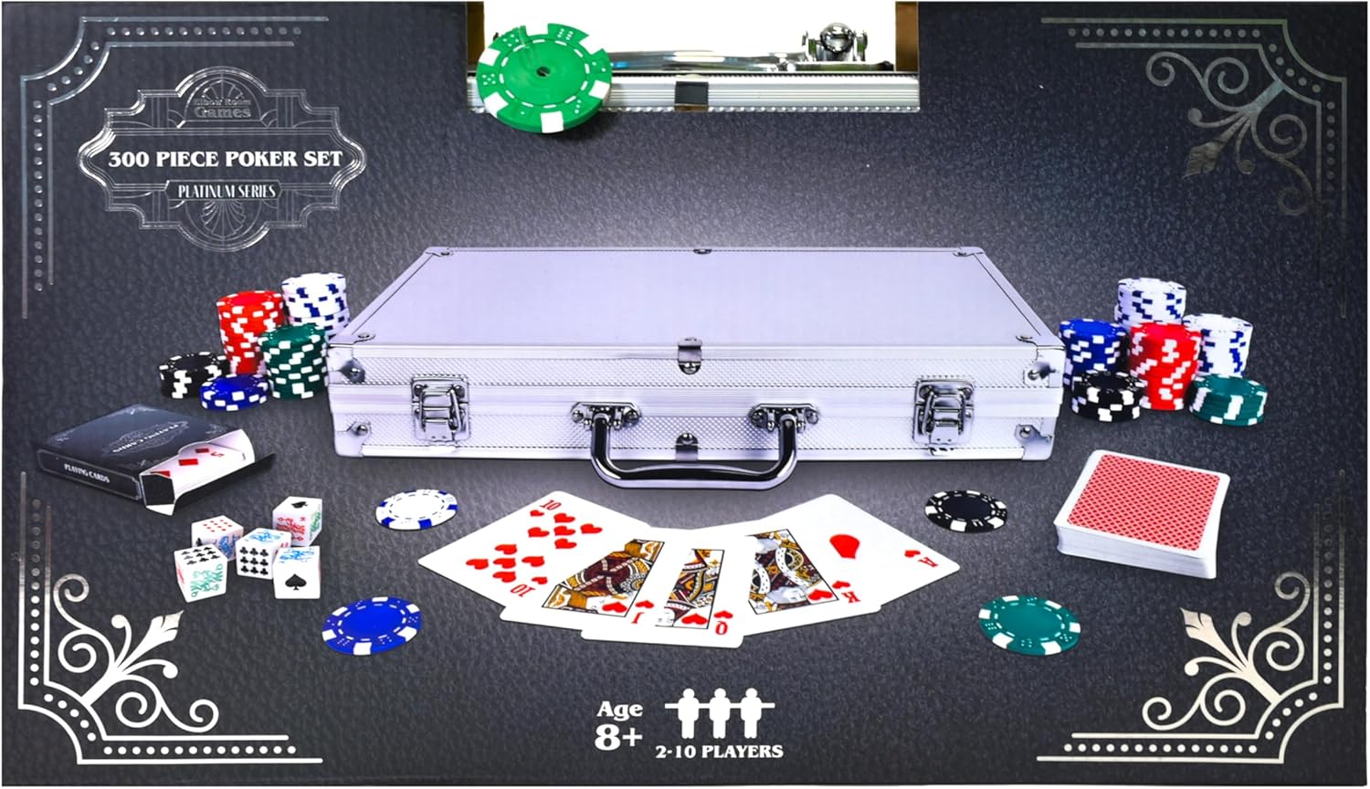 Elbow Room Games 300 Piece Poker Set, Includes Colored Chips, Dice, Dealer and Blind Chips, Deck of Cards in a Carrying Case