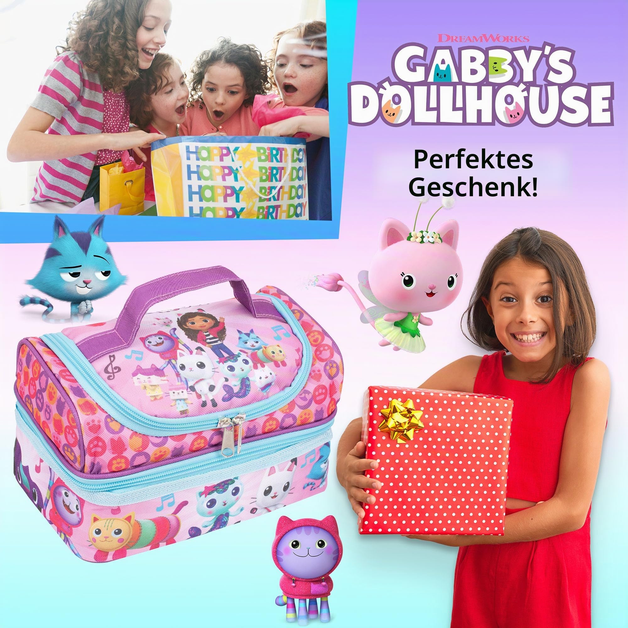 Gabby's Dollhouse – Lunchtasche für Kinder – Snack-Tasche mit mehreren Fächern für Mädchen Schule – isoliert & große Kapazität – Rosa