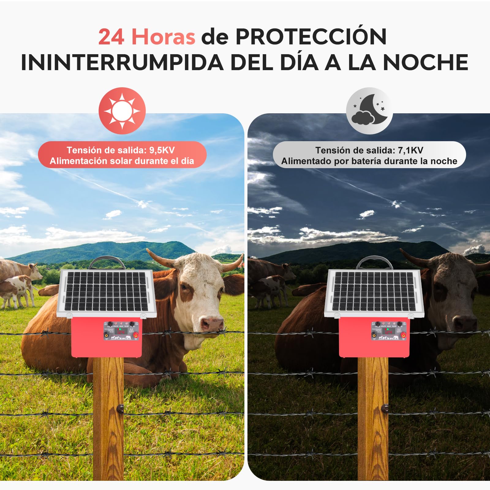 32KM cloture electrique solaire, 9,5 kV Berger électrique Contrôleur pour chevaux, 0,5 J Clôture électrique pour élevage d'animaux de berger, pour ferme, pâturage, jardin (Red)