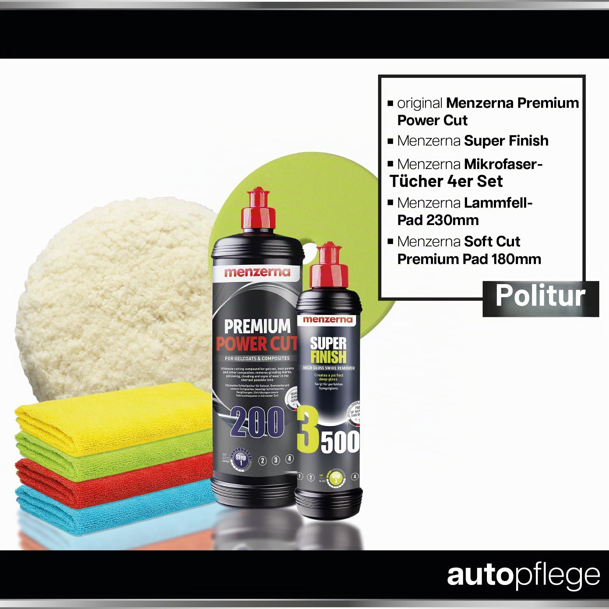 GFK Politur Set | Menzerna Premium Power Cut 200 1L Gelcoat Bootspolitur + Super Finish 3500 250ml + Lammfell Polierpad 150mm + Soft Cut Premium Polierpad + 4x Poliertuch | für Boot Wohnwagen