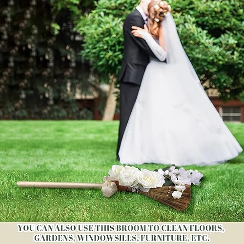 Miniatura 6 de Yungyan Escoba de salto para novia, novio, escoba, batidor, escoba de boda, 11.81 x 25.2 pulgadas para saltar con cintas, perlas artificiales, hojas
