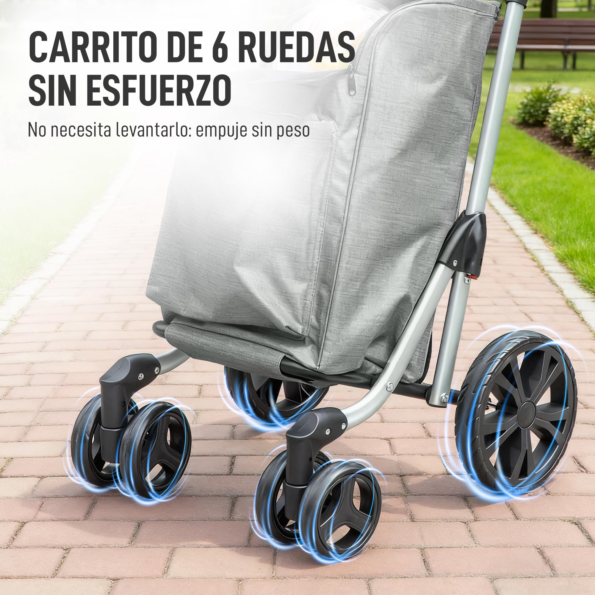 HOMCOM Carrito de Compra de 46L de Aluminio con Bolsa Térmica 3 en 1 Gris | Carro de la Compra, 6 Ruedas, Asa Regulable, para Supermercado, Plegable