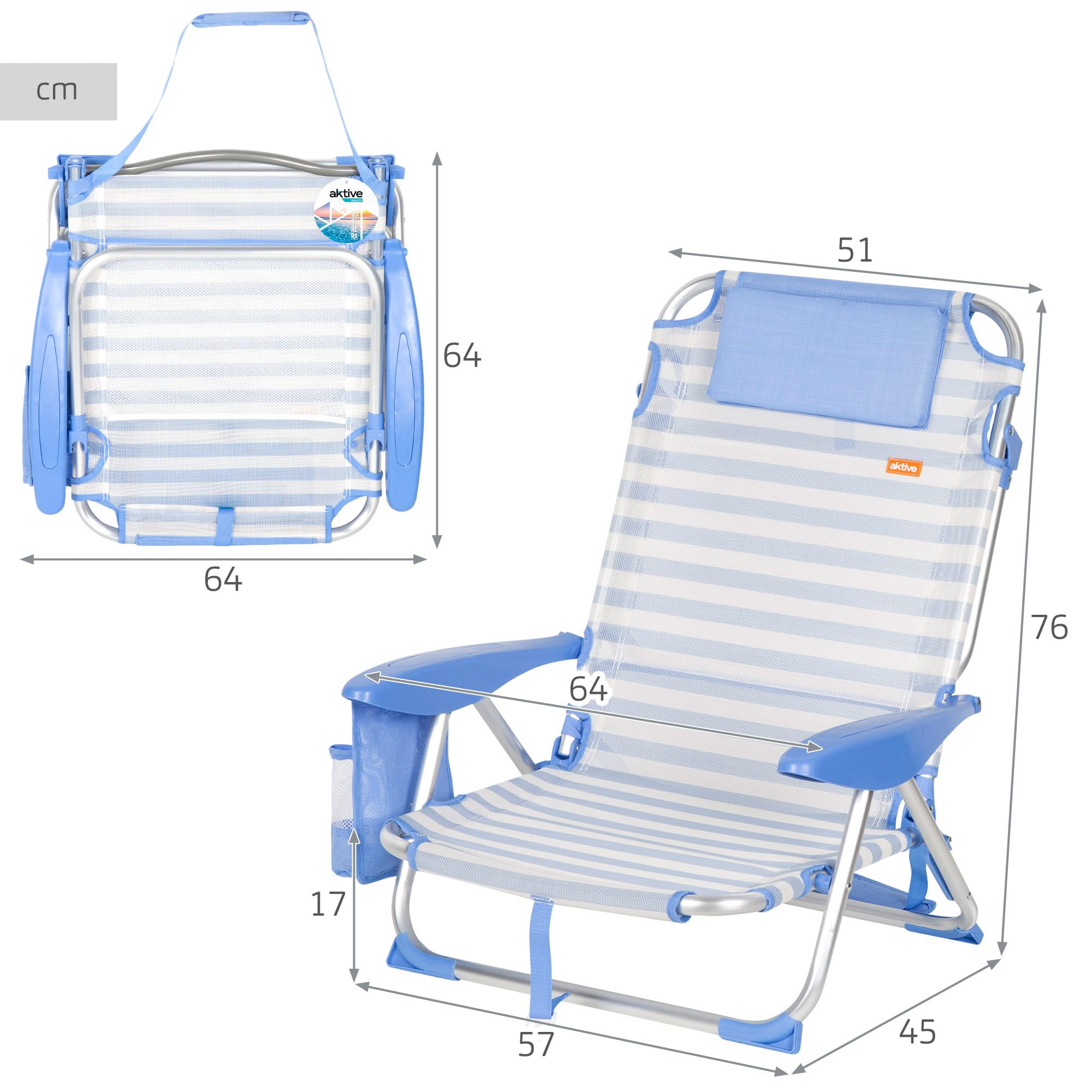 AKTIVE Silla de Playa Plegable, Rayas marineras, 51x45x76 cm, 4 Posiciones, Aluminio y textileno, Antivuelco, Soporta 110 kg, Cojín, Asa Transporte, Bolsillos, Tumbona jardín (62547)