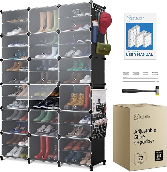 CUBEDIY Shoe Organizer Cabinet - Portable Closed Shoe Closet Rack with See-Through Door (Clear Plastic, Stackable)