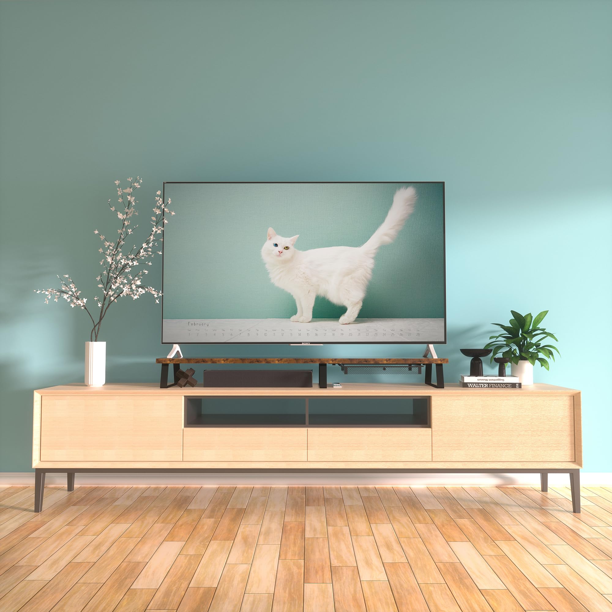 Aothia Supporto per monitor di grandi dimensioni con cassetto, supporto per doppio monitor in legno, ergonomico