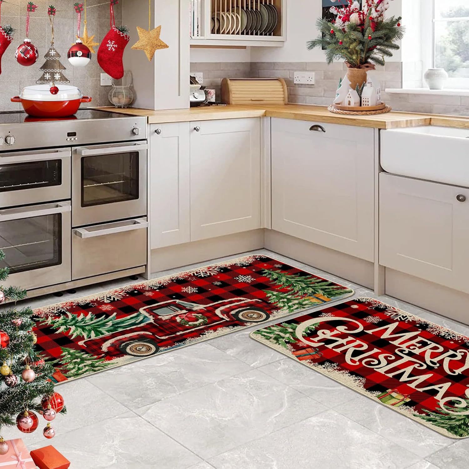 Christmas Kitchen Mats for Floor - Farmhouse Truck Red Buffalo Plaid Christmas Kitchen Decor - Xmas Kitchen Rugs Set of 2 Decorations for Bathroom,Home,Indoor 17"x27"+17"x47"
