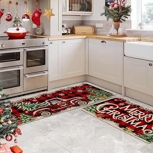 Miniatura 4 de Tapetes de cocina navideños para piso, diseño de camión de granja, diseño de búfalo rojo, decoración de cocina navideña, juego de 2 alfombras de