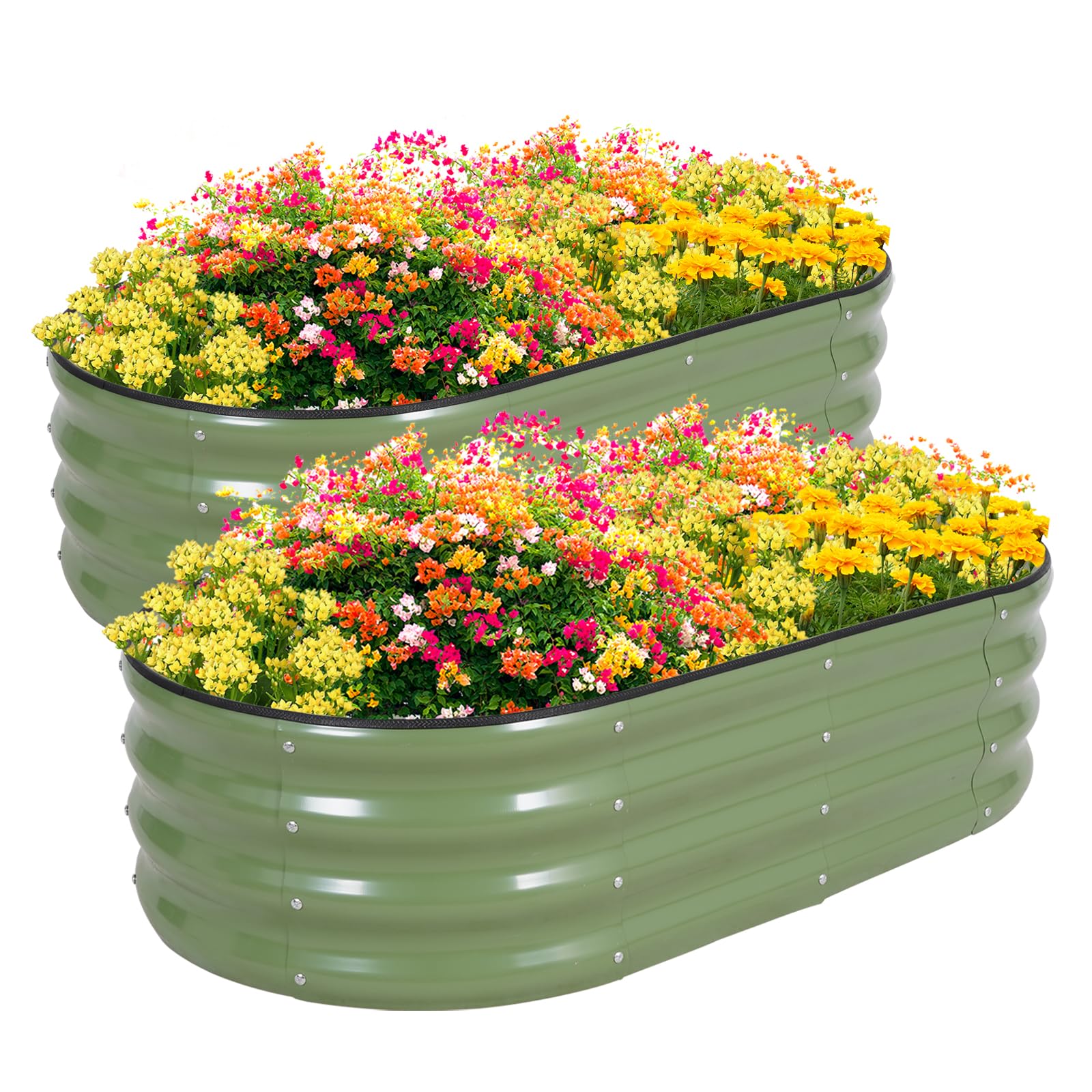 Galvanisiertes Hochbeet Kit - 120 x 60 x 30cm Outdoor Metall Pflanzkasten mit Sicherheitsrand und Handschuhe für Gemüse, Obst, Blumen, Kräuter (Oliver Grün, 2PCS)