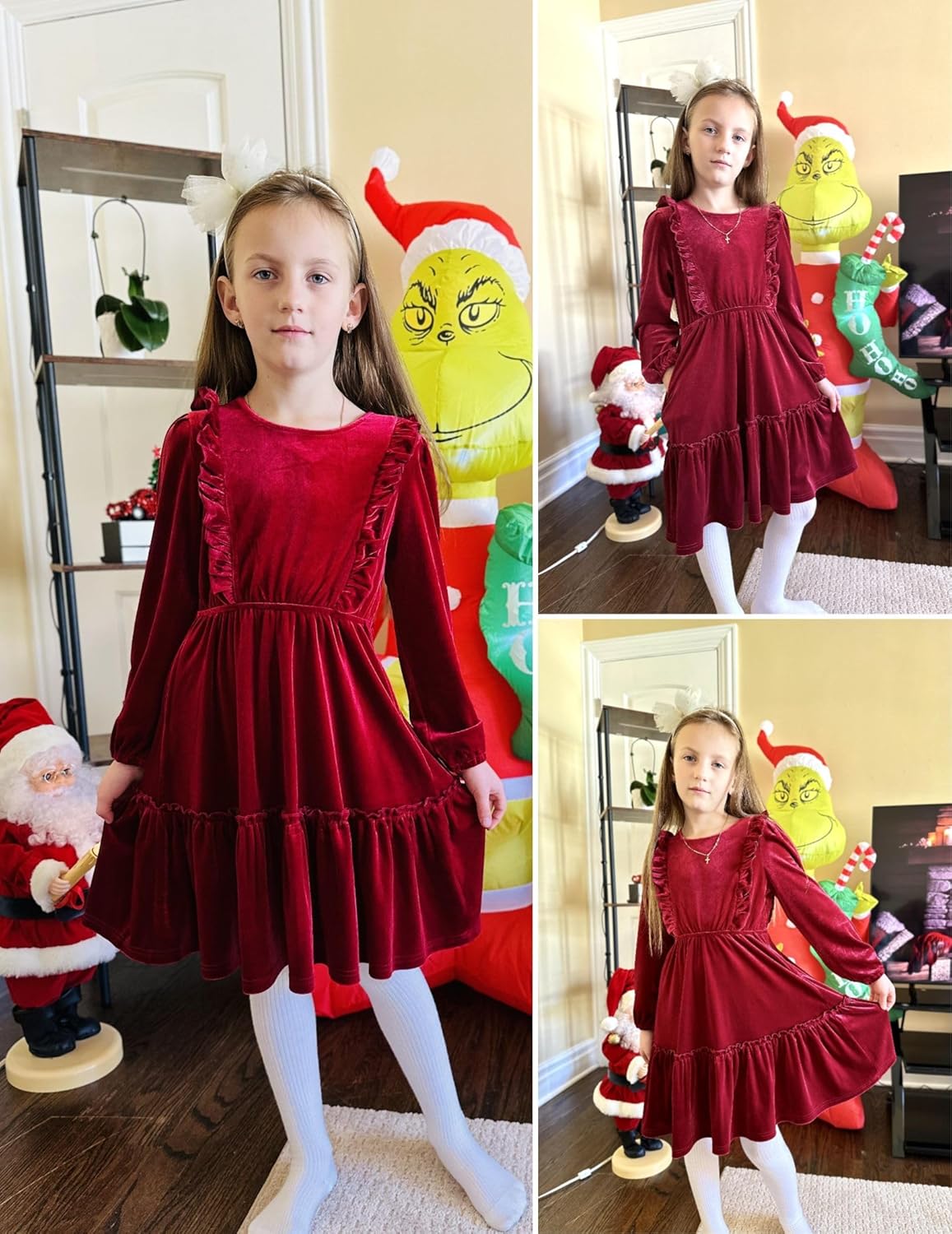 Arshiner Girls Dress Long Sleeve Ruffled Hem Casual Velvet Dress with Pockets 5-14 Years - Image 4