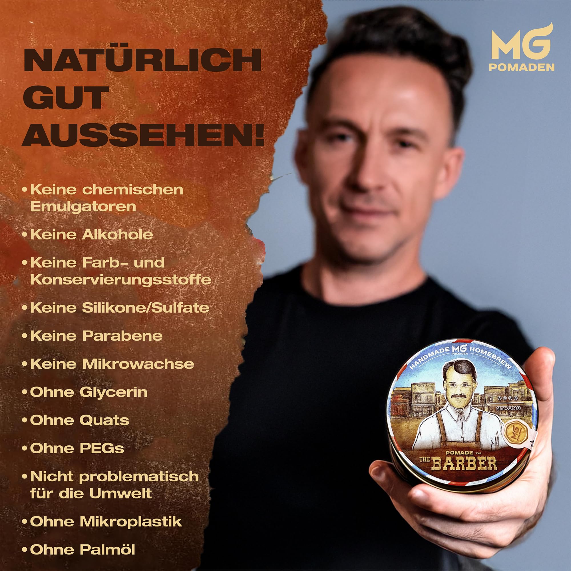 MG Pomade THE BARBER, Herren, wasserfest und pflegend, ölbasierte Haarpomade, Natürliche Wachs-Formulierung für starken Halt, Haar Wax, Haarwachs Männer, Haar- Bart Styling, Hair Clay