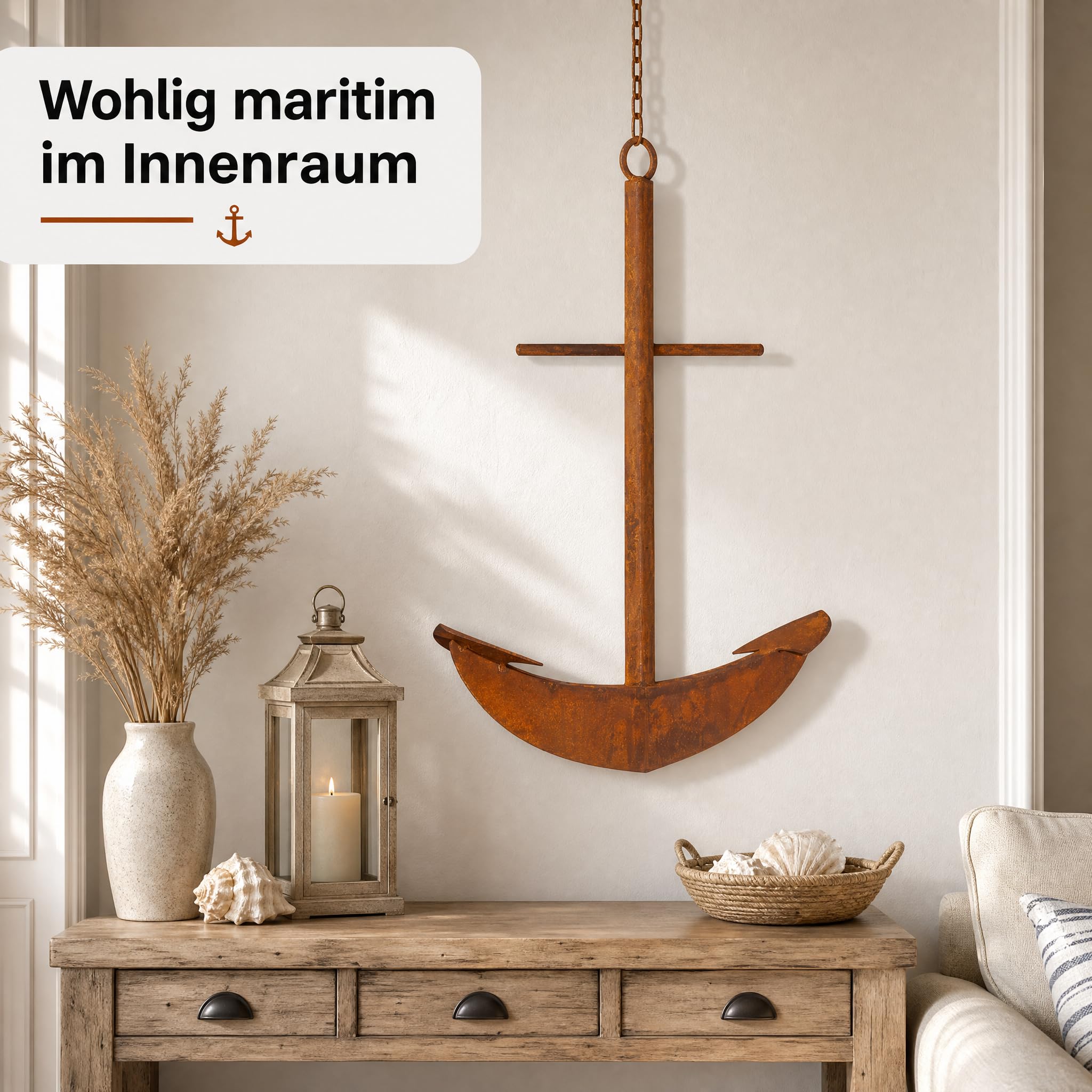 Maritime Deko Anker aus Metall mit Kette, Wanddeko Metall für Innen & Außen, Edelrost-Optik, Rustikales Gartendeko-Highlight zum Aufhängen, 63 x 51 cm, ca. 2 kg