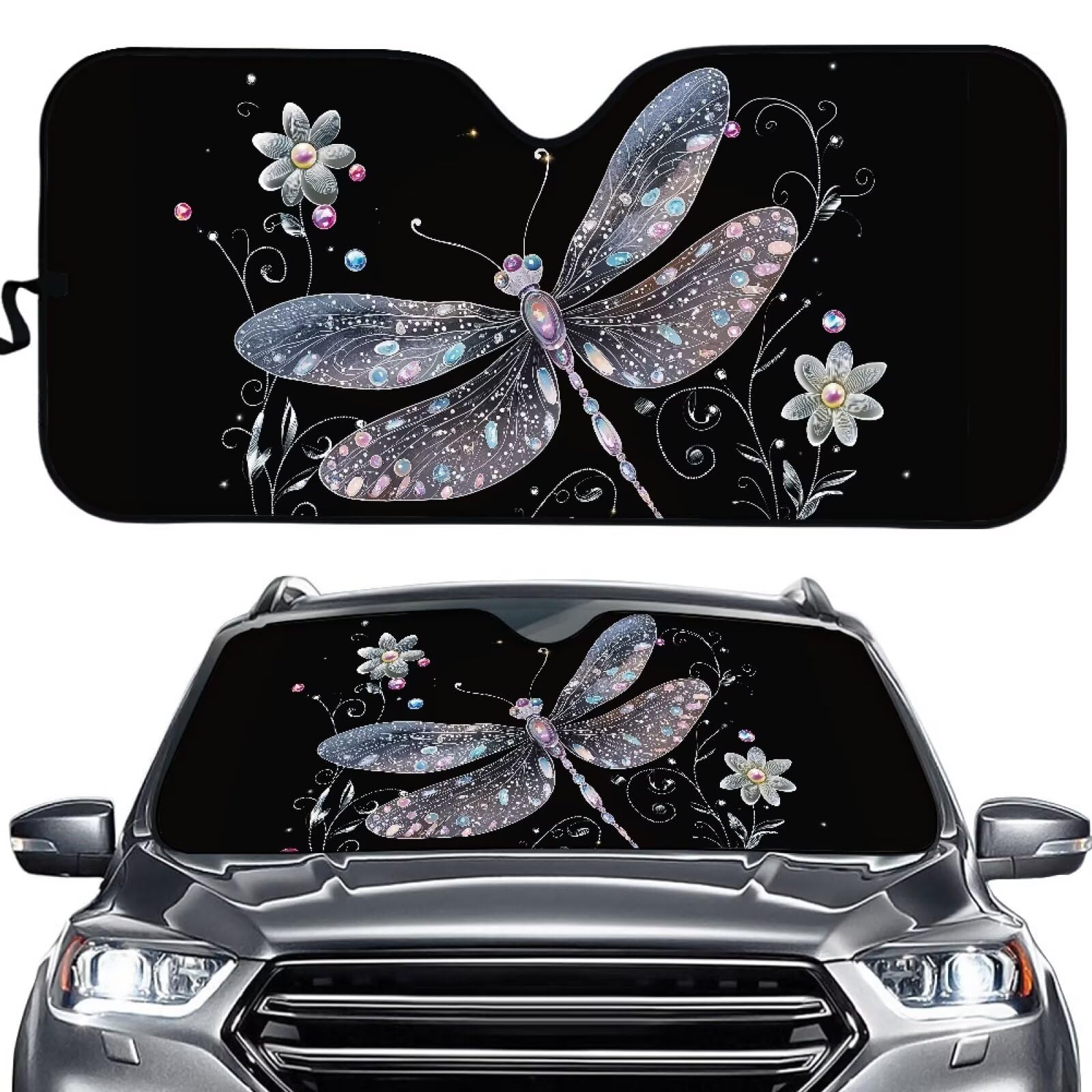 ZFRXIGN Dragonfly Print Windshield Sun Shade for Cars, Trucks, SUV, Van, Front Window Sunvisor Glitter Gem Graphic Print Summer Sunshades Accessories
