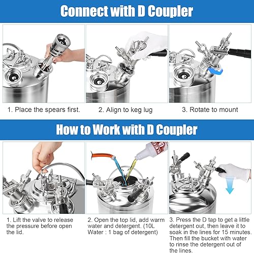 Miniatura 6 de Kit de limpieza de línea de cerveza inoxidable de 2.5 galones con lanzas 2 D para montaje de acoplador D, kit de limpieza eficiente de línea de