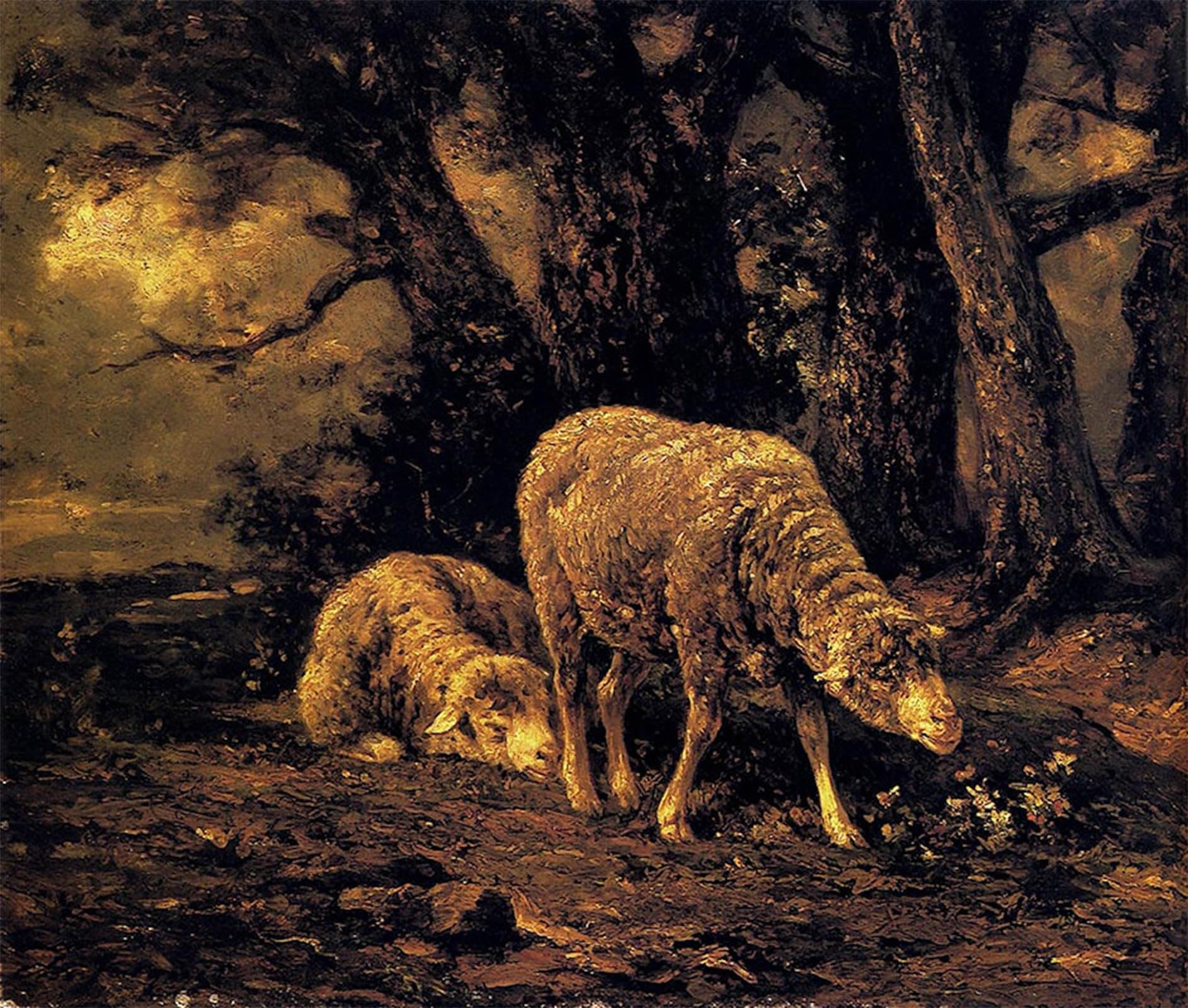 SERENDIPITP Abstract Painting Mural Print Picture Wall Decor Painting Sheep in a Forest by Charles Emile Jacque Vintage Wall Artwork for Home Decor 60x90cm