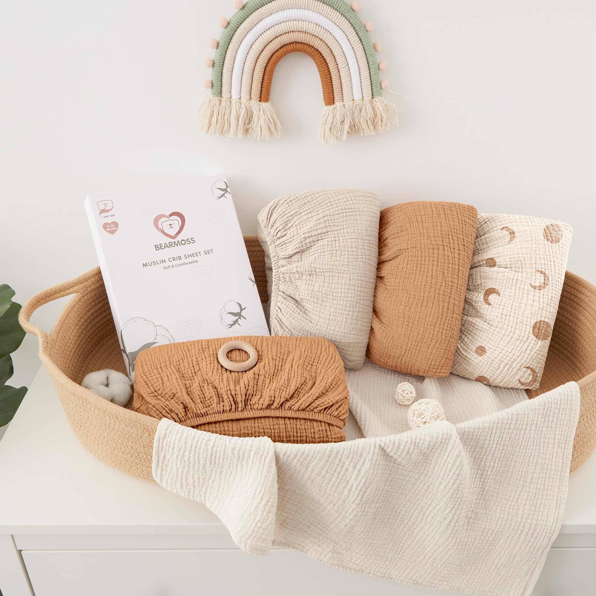 Bearmoss Sábana de Muselina, 100% Algodón, para Colchón Estándar de Cuna y Colchón de Cama Infantil, 60 x 120 cm/70 x 140 cm,Sabana Bajera Cuna Ajustables para Cama Auxiliar (Luna Marrón, 60x120)