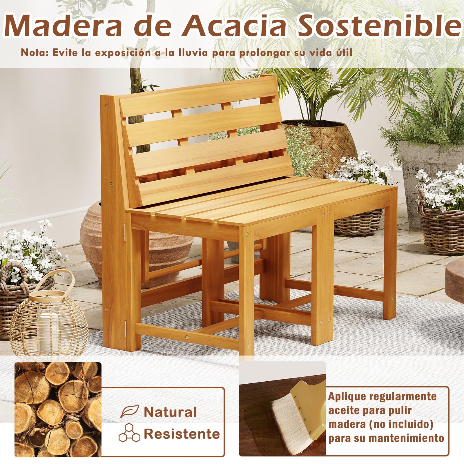 GOPLUS Banco Convertible 3 en 1 de Exterior, Banco de Madera de Acacia de 2 Plazas, Juego de Mesa y Sillas de Jardín, Asiento de Listones, Soporte de Plantas Multifuncional para Patio Terraza Porche